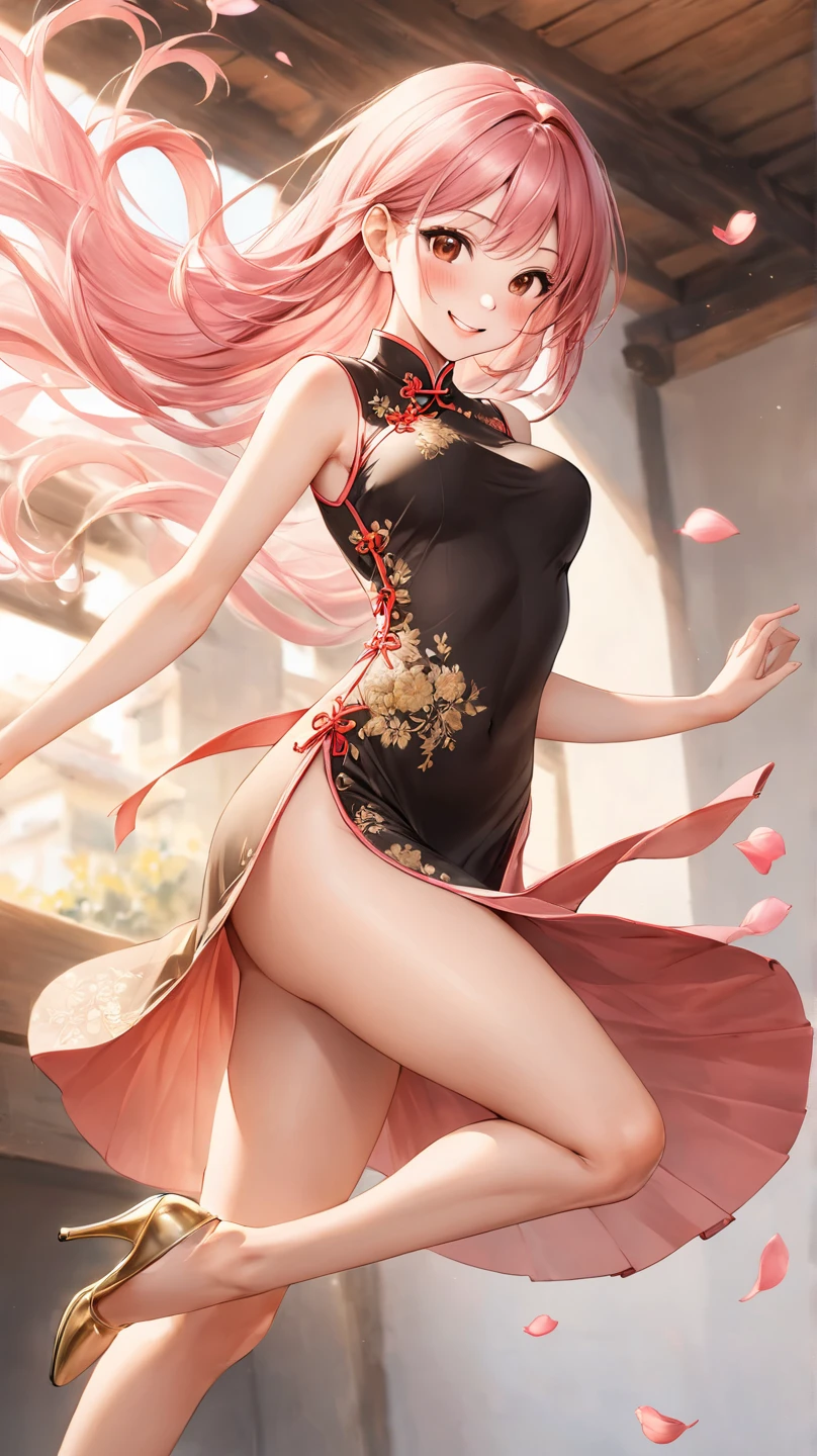 Highest quality, masterpiece, High resolution,A woman wearing a slit Chinese dress,Pink hair and blue eyes,Background is white