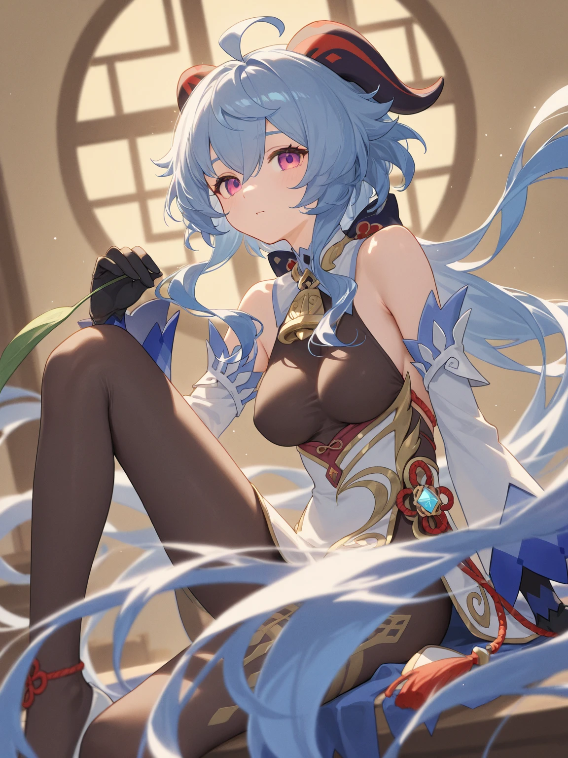 (photoactual:1.4), (masterpiece, side light, Delicate and beautiful eyes: 1.2), masterpiece*portrait, actual, 3d face,
employment \(Genshin Impact\), 1 girl, ahog, architecture, Bangs, bare shoulders, bell, black Gloves, black pantyhose, (blue hair), blush, breast, Chinese knot, Detached sleeves, rosette, Gloves, trumpet, long hair, looking at the audience, medium breast, neck bell