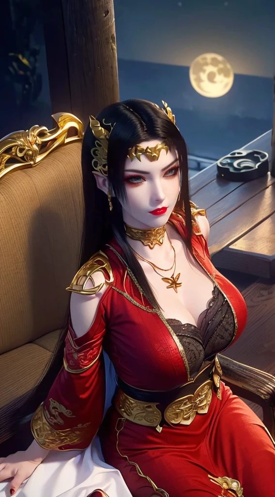 1 extremely beautiful queen, ((wearing traditional red hanfu with thin black patterns:1.6)), (((Patterns on clothes:1.6))), ((long black hair:1.6 )), elaborately crafted jewelry from precious stones and beautiful hair, (((wearing a 24k gold lace necklace:1.4))), noble, noble style of an extremely beautiful girl, Super cute little face, very pretty face, thin eyebrows, flawless beautiful face, ((black eye pupils: 0.8)), very beautiful eyes, ((platinum blue eyes: 1 ,6)), (((wide eyes: 1,6))), beautiful makeup and detailed hairdo, eyelashes, steamy eye makeup, high nose, earrings, red lips, ((closed mouth : 1.5)) beautiful lips, slim arms, most beautiful thighs, ((arms behind and spread out to the sides: 1.5)), ((bent sitting position with chest out toward the audience and arms behind :1.6)), rosy face, clean face, flawless beautiful face, smooth white skin, (( super big and round firm breasts: 1.8)), firm breasts, beautiful cleavage, beautiful breasts , perfect body, back arms, open chest, black sheer fishnet stockings with black lace trim, 8k photo, super high quality, super realistic, super 10 x pixel, optical, bright studio, bright edges, lighting two-tone, (high detail skin: 1.2), ultra 8k, soft light, high quality, volumetric light, optical, optical high resolution, light, best shot, quality 4k, 8k, blur effect, smooth sharpness, 10 x pixels, ((sea and moonlight in night background: 1.5)), aurora, lightning, hyper-realistic graphics, most realistic graphics, 1 girl, alone, solo, Extremely sharp, surreal image, (((frontal portrait: 1)))."