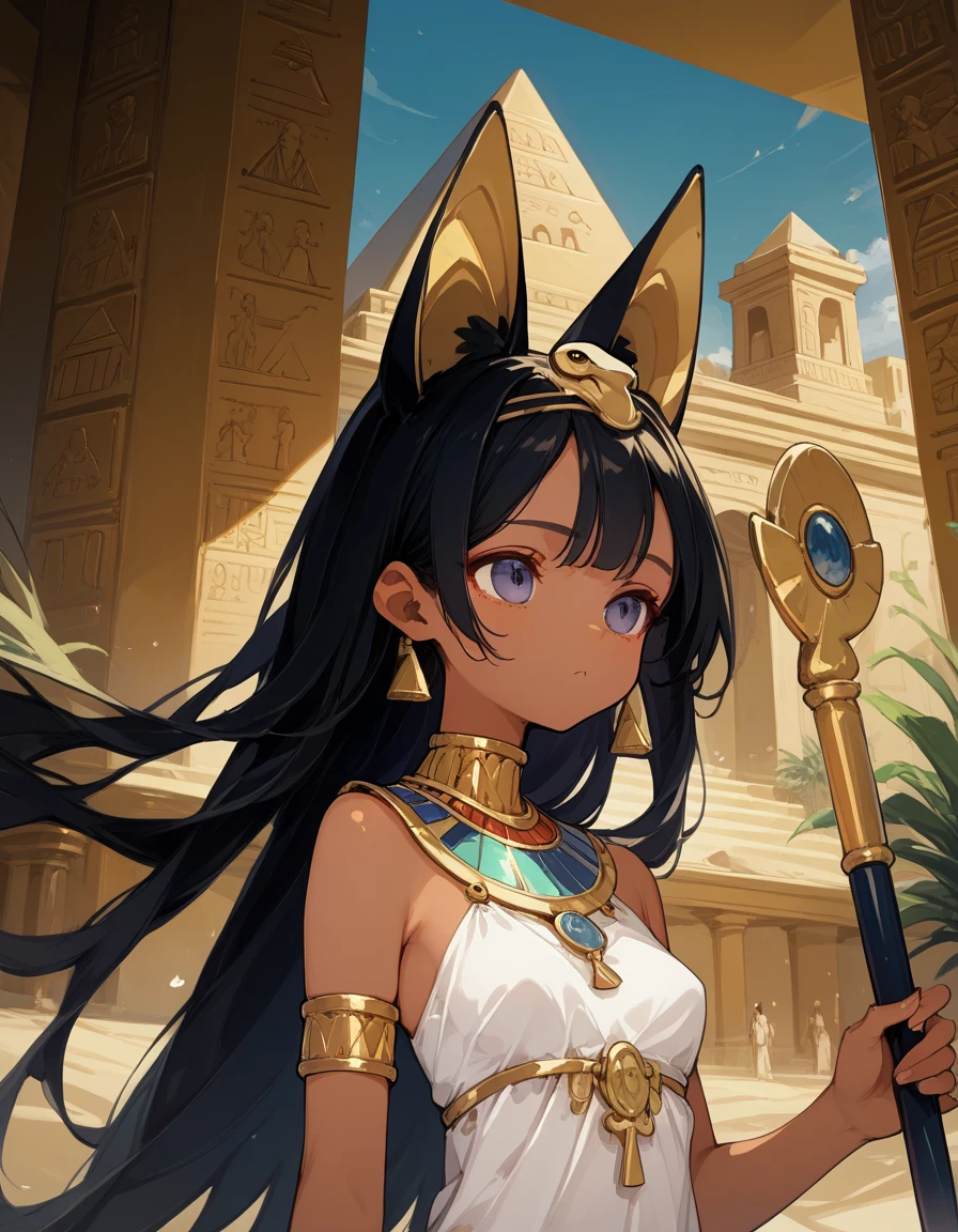 score_10,score_9_up,score_8_up,score_7_up, hadrian, small breasts,expressionless, looking at viewer, seductive, with Pyramid of Khufu view, in Egypt, female anubis, egyptian clothes, egyptian mythology, truncheon,staff, long black hair, dark skin, open mouth, tongue, lewd,