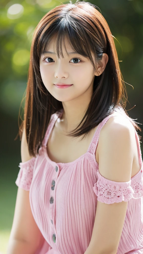 Neat and clean schoolgirl, petite person, (pink mini dress, pantiy), (slim, Small, Flat, Small), A dark-haired, Photorealistic, detail, Skin Texture, Ultra Detail, Wear sandals, delicate sexy collarbone, Smile, Super Detailed Face, Detailed lips, Detailed eyes, 10years old girl、Delicate eyebrows、Ball bokeh background、(Looking at the photographer)、colourfull、