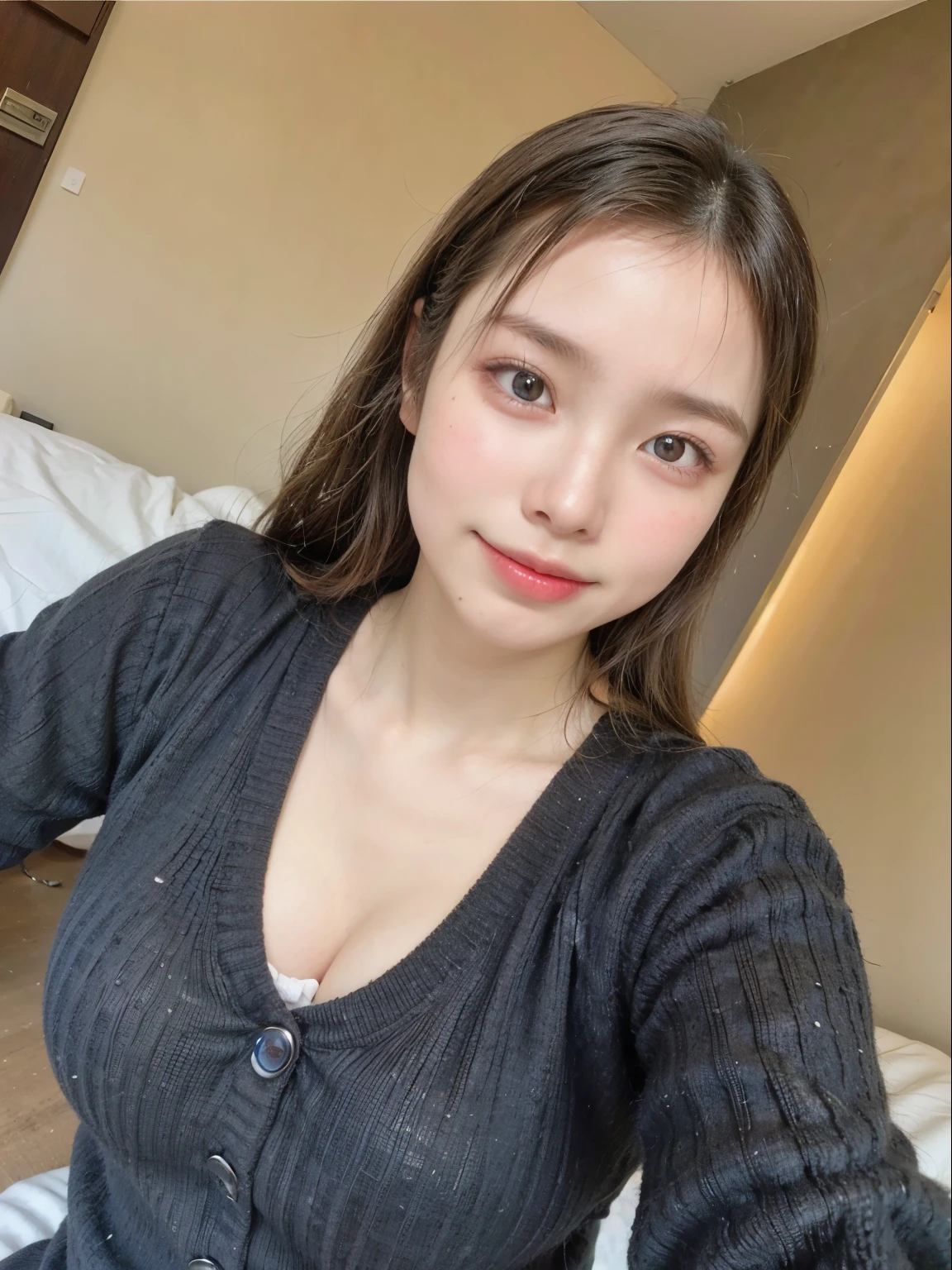 ((8K、RAW photo、highest quality、masterpiece:1.3))、(genuine、photogenuine:1.4)、japanese woman、１people women、Slender beauty、high ponytail、black hair、V-neck Sweater、medium breasts、Show off your cleavage、indoor、super detailed face、highly detailed eyes、double eyelid、smile 、background blur