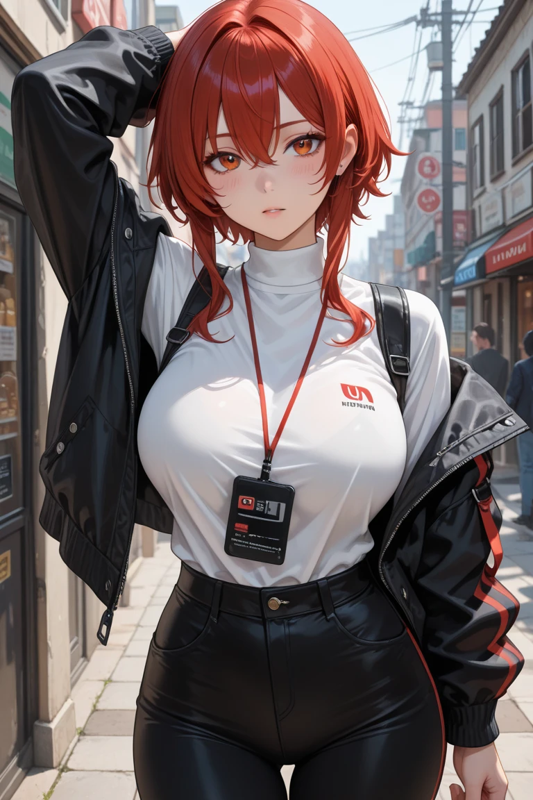 tall cute woman, massive breasts, wearing an opened red jacket with nothing underneath and black pants, She has short dark red hair and wears a striped red and black scarf, also wearing red headphones and a utility belt slinged across her shoulder she is also wearing ski goggles on her head. She has a cold stern look on her face and her arms behind her back. Rainy dark background,