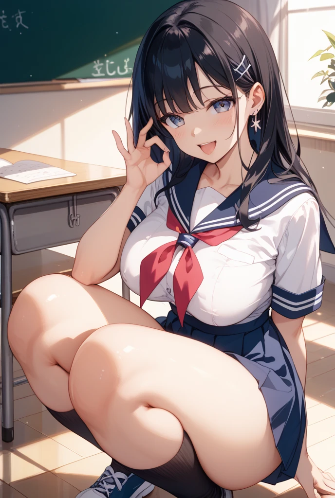1girl in, Parted lips, blush, makeup, lightsmile, School uniform, Full body, Wide Angle, From  above, crass room, llight rays, Glow, thighs thighs thighs thighs, 鎖骨, Narrow waist, (masutepiece), Wallpaper,Wet body、Drooling、White socks