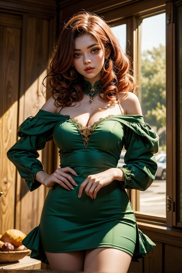 (((cowboy shot:1.5)))photo of a 30 years old DV_Kokoro_Vicious ,(f),(sittinglegs apart),(((A charming, rustic garden shed filled with tools, plants, and earthenware pots))), ,wide depth of field,( very long (Redhead with green streak hair):1.5) hair, (realistic:1.5), glossy lips, soft skin, elegant makeup,(fucked silly expression), wearing , ornate, (Neon Green and Red), necklace jewellrey <lora:rc_20231230190604:0.69> rc , deep cleavage