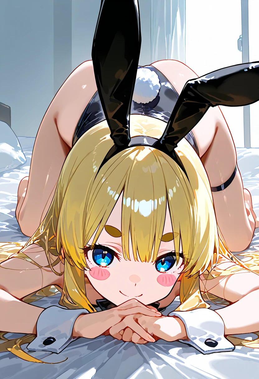 nsfw,1 girl, loli, (medium breasts:1.3), (cleavage:1.6), (pointy breasts:1.9), short hair, two side up, shining eye, (blush,embarrassed:1.8), (happy:1.4),(cryingtears:1.2), looking at viewer, wet, (clothes lift:1.7), (see through:1.5), (topless:1.8),(white playboy bunny:1.6), casino, (all fours,top-down bottom-up:1.8), (from above,from behind:1.8),altria_caster,blonde_hair, green_eyes, bangs, twintails, hair_between_eyes, lower body, ass focus,close-up,