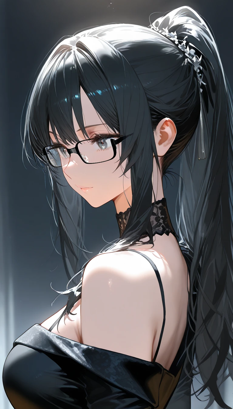 1 female,Black Hair, ,((Annoyed expression)),Beautiful breasts,Thin white tank top,Good style,,(Look forward)(((Blushing cheeks、Surprised expression)),(((Low Ponytail))),((( Upper body portrait)))Frameless Glasses,blue eyes,(((The bangs are evenly spaced)))((See-through))Sexy Bra(Wet condition)
