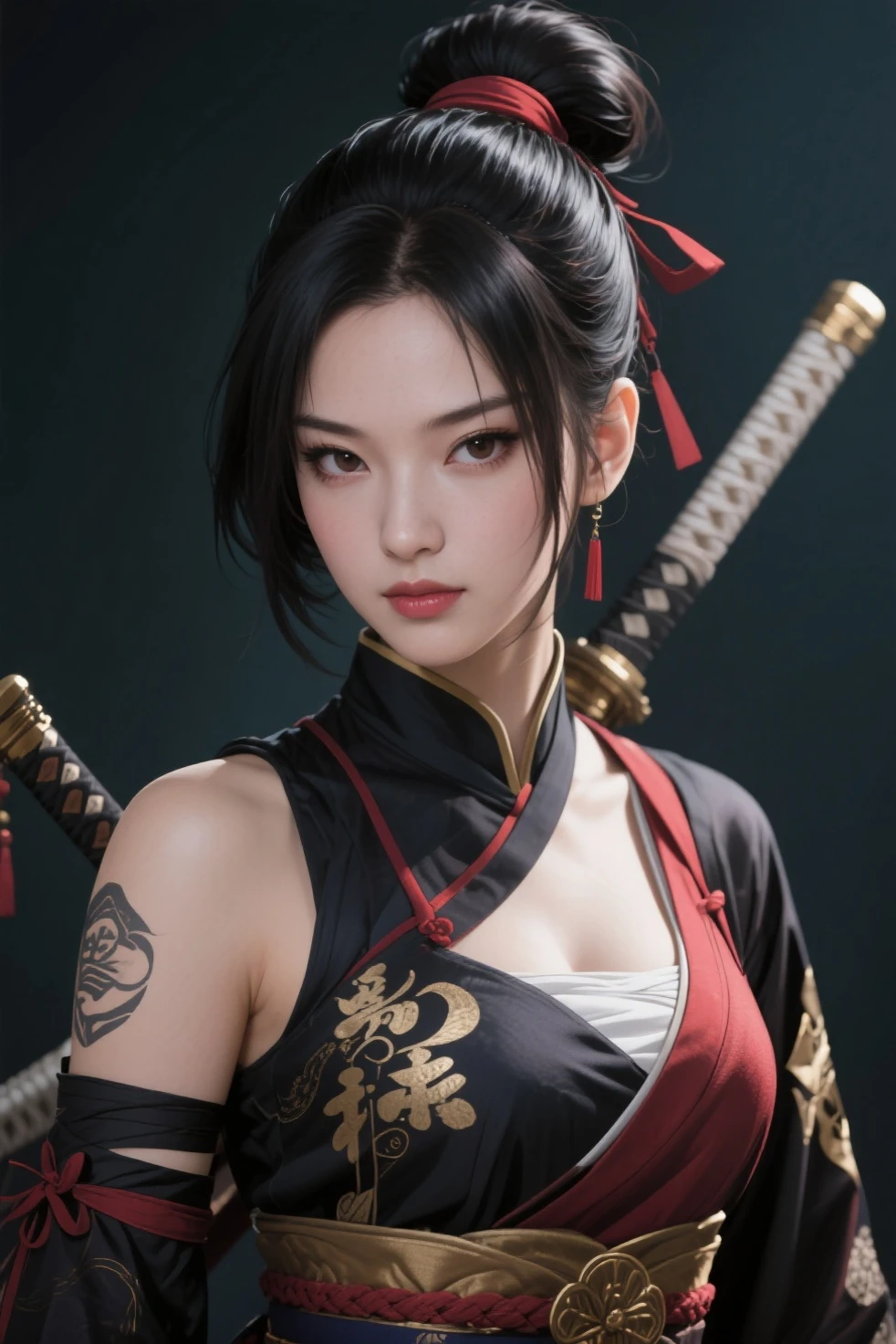 8k, highest quality, masterpiece:1.2),(highest quality:1.0),Edo Period、Beautiful Japanese Ninja in the Ninja House、Black Hair、Green Eyeasked、Black Costume、tattoo、Moonlit Night、Big Ass、Loincloth、Pleasure