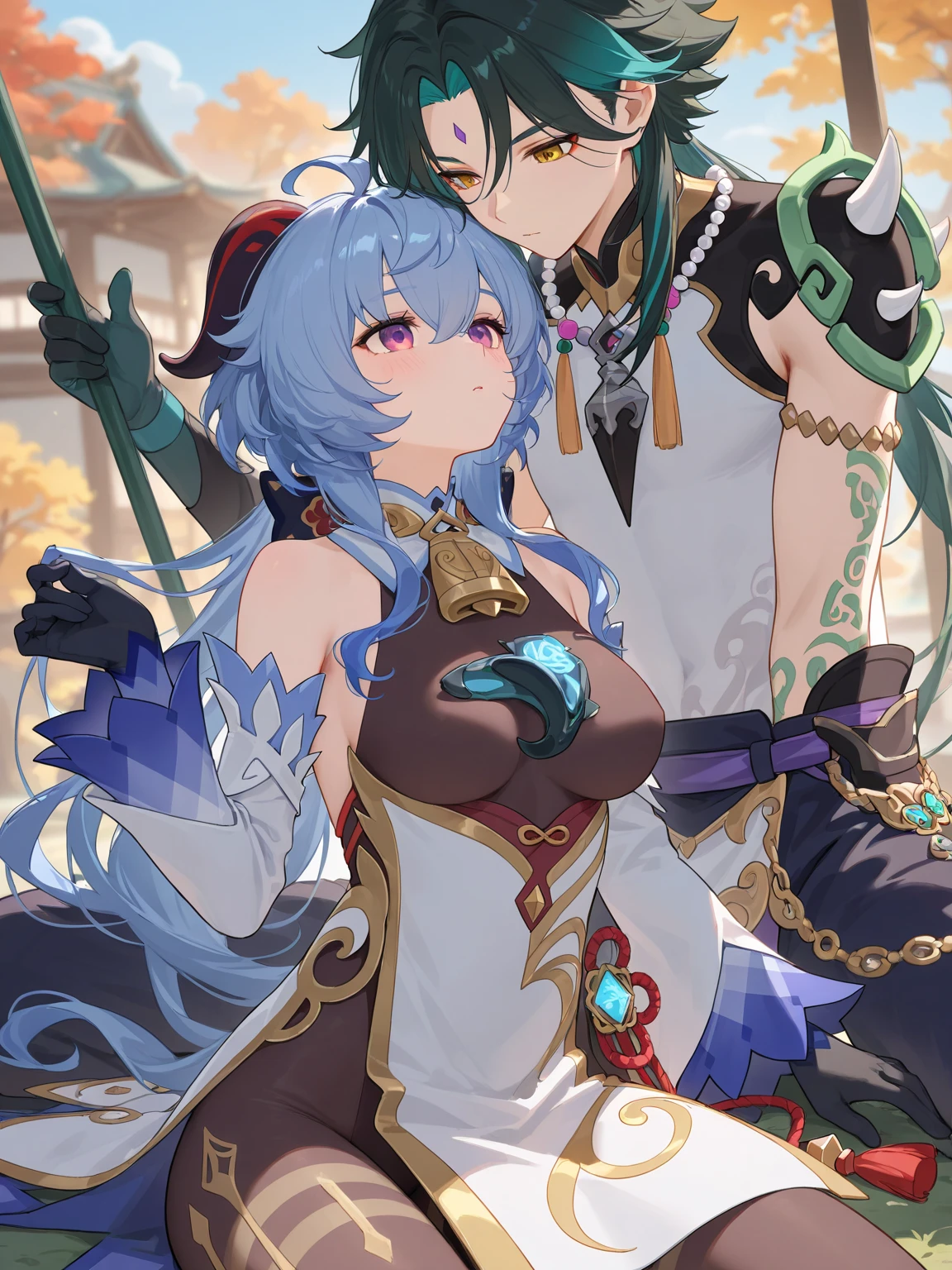 A medium blue haired dragon man with yellow eyes has golden horns and a blue dragon tail is posing in the forest in ornate robe