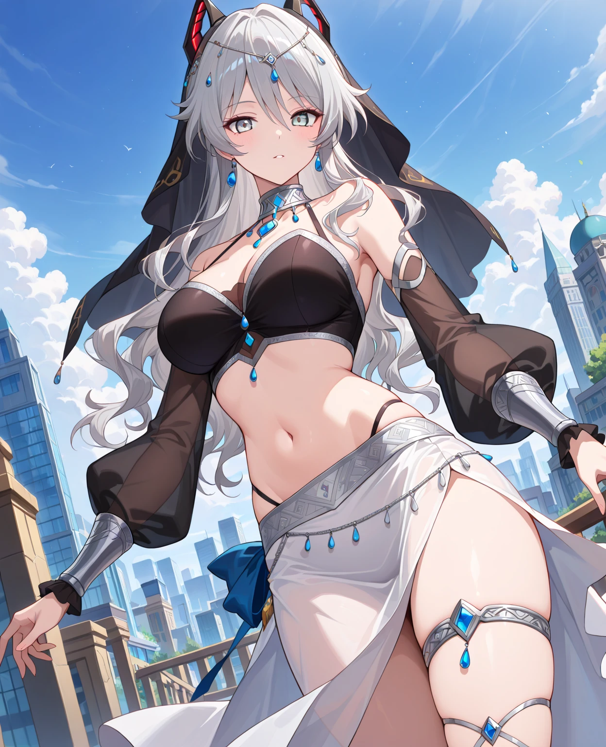 (masterpiece),(best quality),(ultra-detailed),(best illustration),(best shadow),(absurdres),(detailed background),(very aesthetic), Swordmaster, long hair, gray hair, red eyes, perfect face, blue_armor, ((exposed arm)), blue_ornaments, blue_tabard, thong, belt, ((big tits)), exposed belly, smiling, 1girl, legs exposed, strikes, Perfect face, thick thighs, ,add_detail:1, add_detail:0, add_detail:0.5, short skirt, pantyhose,