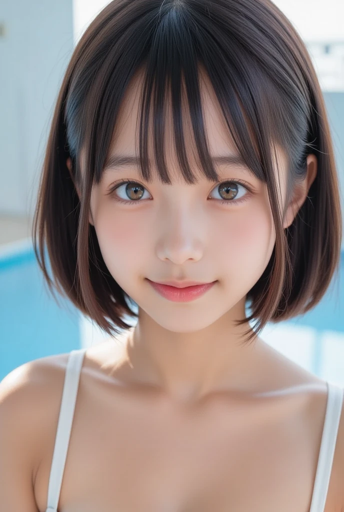 8K、masterpiece、Highest quality、High resolution、Super Resolution、Very detailed、 ((Close-up shot of face)) 、(1. Cute girl、(14 years old)、slim、thin、Flat Body)、No sleeve、 White dress with blue ribbon、Simple background with flowing water、Transparent、((Blue and white gradient))