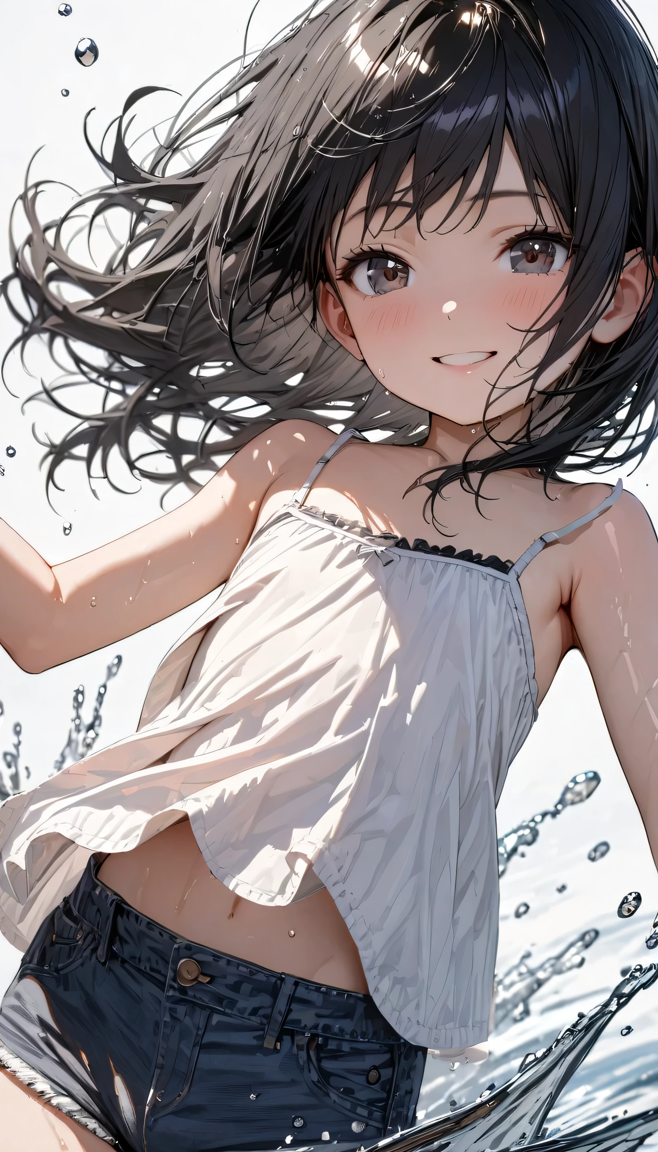 in 8K、top-quality、​masterpiece、ultra-detailliert、Ultra-high resolution、((1 persons))、girl with、makeups、Braided hair、White sandy beach、Wet white t-shirt、((wetting hair))、wetted skin、((water dripping))、spreading arms widely、A smile、