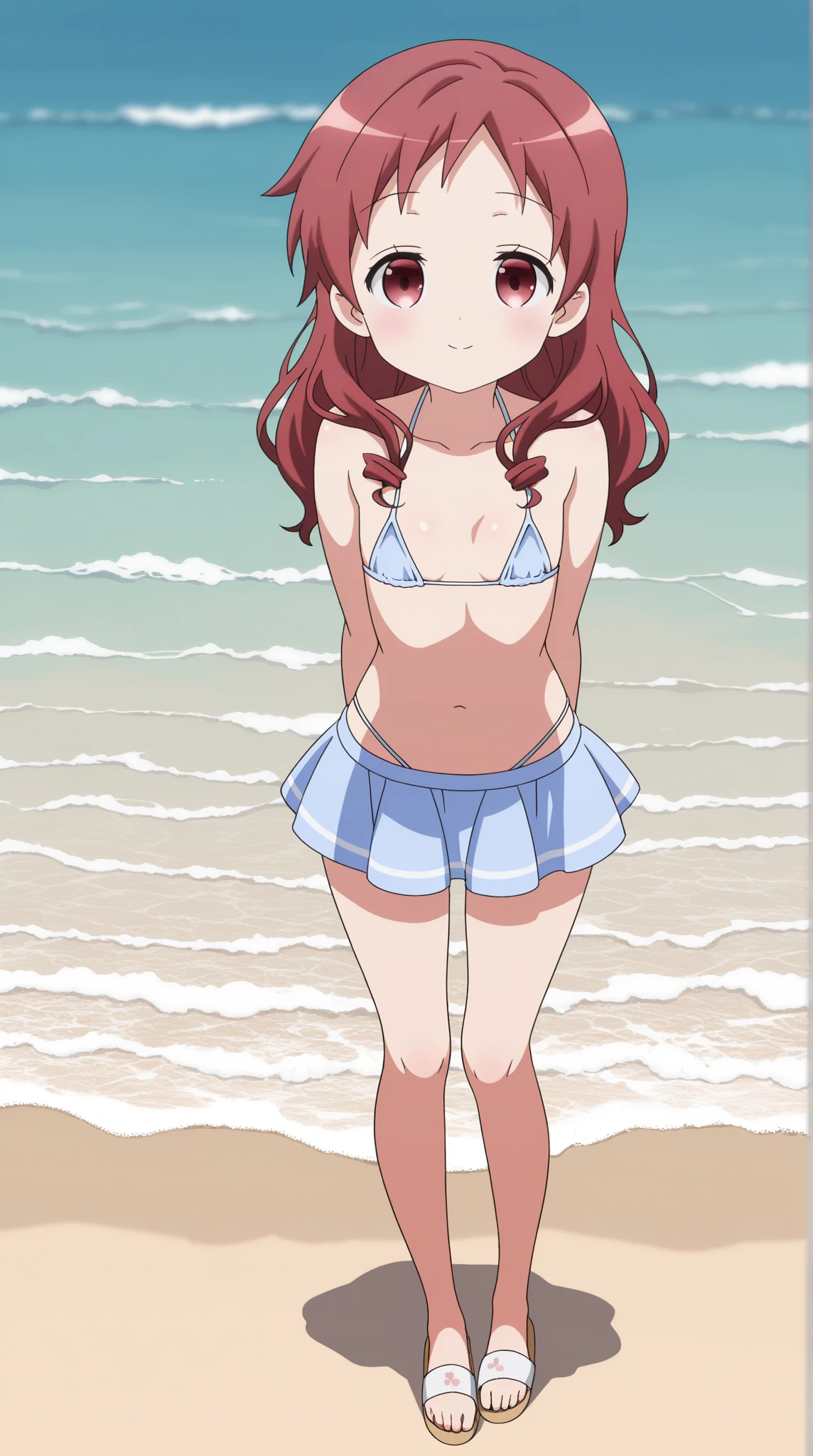 (masterpiece), (ultra-detailed), best quality, 8k,neuro-sama,flat chest,fullbody,frilly bikini skirt, blue bikini,frilly bikini top,standing straight,toned stomach,beach,smiling,1girl