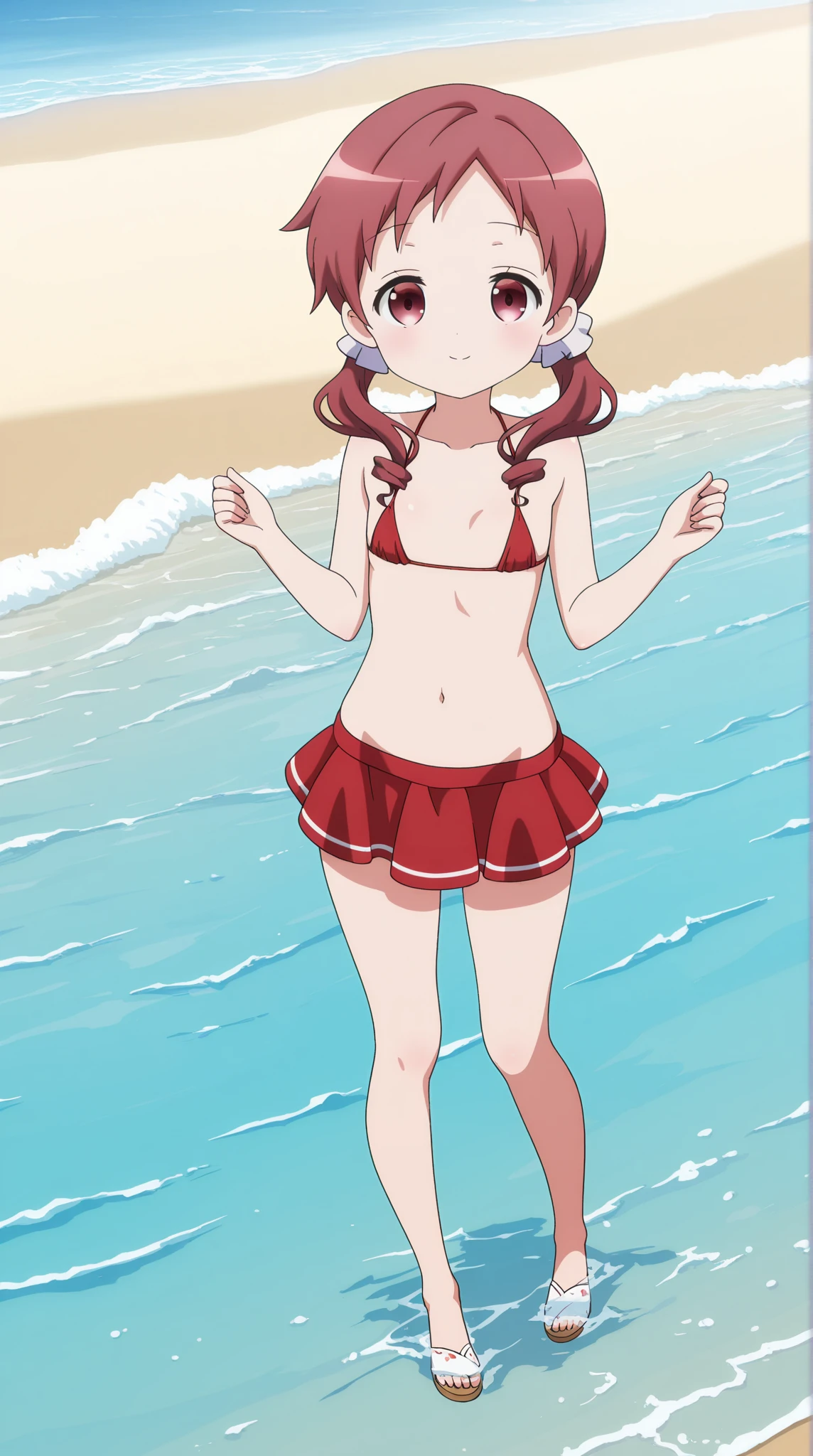 furry girl, cat, red hair, Knight bangs hairstyle, long ponytail, anime style, medium breasts, blue eyes, ((bright pink bikini bandeau with bow in the center, side bows at the bottom, sunglasses on top, wide-brimmed hat)), high quality, detailed body, detailed eyes, detailed face, masterpiece, glistening body, detailed body fur, best quality, two tone body, pink fur, clear pink fur, perfect lighting, perfect shadows, perfect eyes, perfect hair, perfect face, gorgeous body, skinny, solo, :3, smilling, beach, clear sky, full body, feets with three toes, 3 toes, on knees, v sign,
