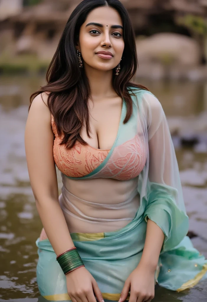 Nsfw. walking in a moonlit courtyard, forest background, mythical forest, huge trees, exotic girl, indian, vivacious, looking at the viewer, shining skin, perfect lighting, the embodiment of grace and elegance, provocative pose, smiling seductively, (transparent blue floral dupatta and jewelry), big breasts,deep cleavage, curvy ass, clear curvy details, beautiful curves, detailed eyes, detailed pupil, long shining hair, volumetric lighting, Ultra Detailed, unity 8k wallpaper, ultra detailed, aesthetic, masterpiece, best quality, photorealistic