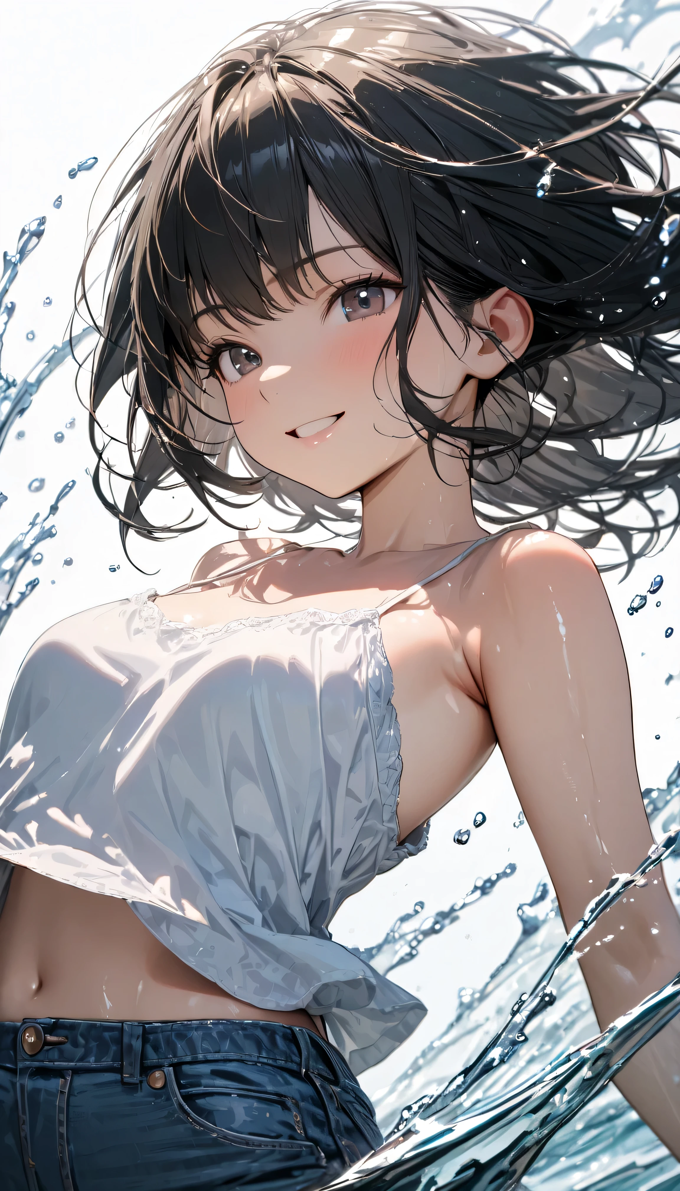 Masterpiece, top quality, ultra high resolution, (photorealistic photo: 1.4), ((1 girl, white fair skin: 1.4, kneeling, from above, looking up at the viewer, face closeup, 19 years old, pretty, cute, black hair, bob_cut, short hair with bangs, large breasts: 1.6)) (bikini swimsuit: 1.3, simple blue and white two-tone swimsuit, blue and white swimsuit, Glossy shiny shiny swimsuit, shiny swimsuit with reflective surfaces, dripping wet body: 1.2) (portrait of a famous actress of Japan), (smile, happy, joyful, cheerful, close mouth), (breasts tucked between arms and breasts), high detailed eyes, ((Really snow-white background, nothing background)))), long neck, (short hair with bangs, bangs)))), eyelashes, big eyes, (((very beautiful, Very beautiful, tremendously beautiful)), (((natural light, ears, sheer, see-through, transparent, huge, crotch spread, big thighs, big ass, highlights in the eyes, swimsuit with a small area)))