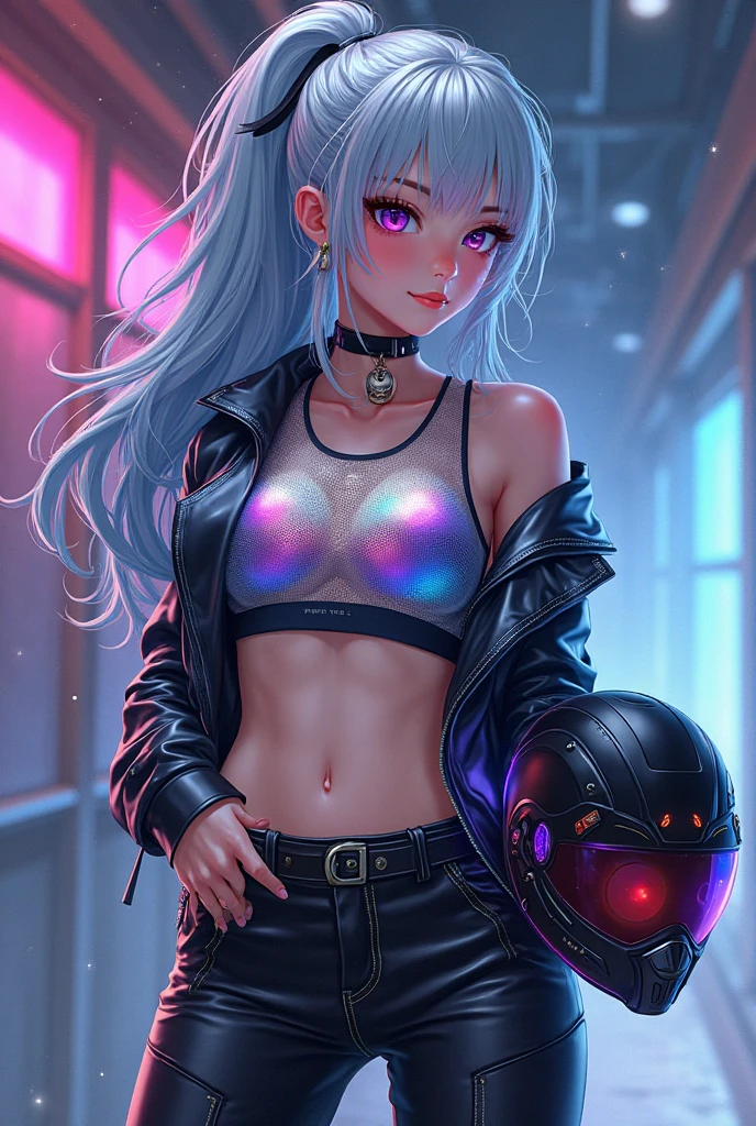 Female, Mesh top, Chunky shoes, Patchwork jeans, and Holographic apparel, ((Real Cartoon Style)), Breasts, Cleavage, Makeup: Pastel highlights, Glittering eyelids, and Shimmering lip gloss. ((Y2K Aesthetic)), Neon highlights, Silver, and Iridescent pastel Colors, Tech-forward, Fun, Upbeat, and Futuristic Vibes, Any tech-forward event