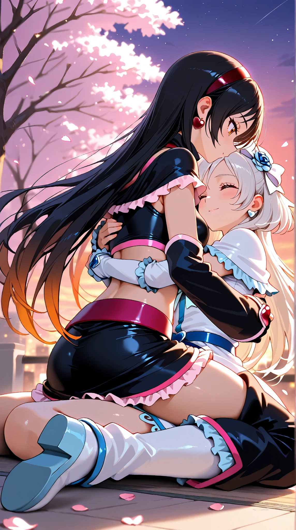There is a close up of 2 kissing females,  they hugging each other and passionaly kissing in the rose garden, (ultra high quality fantasy art, dafk fantasy style, masterpiece, ultra highquality character design, 8k quality anime art, realistic anime art, top quality wallpaper illustration, detailed ultra high quality acurate face, highquality design and acurate physic)