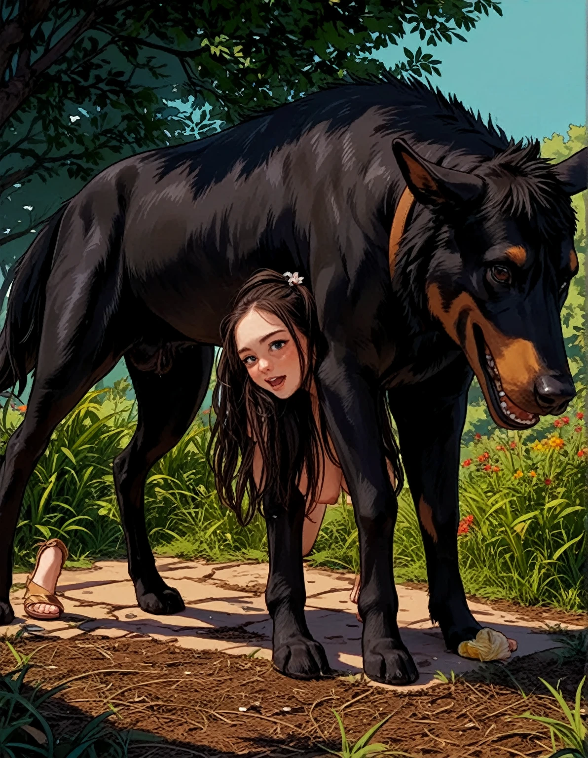 (masterpiece:1.2, Highest quality), forest, Huge dog、Naked girl riding on a big dog、The girl has short, black hair