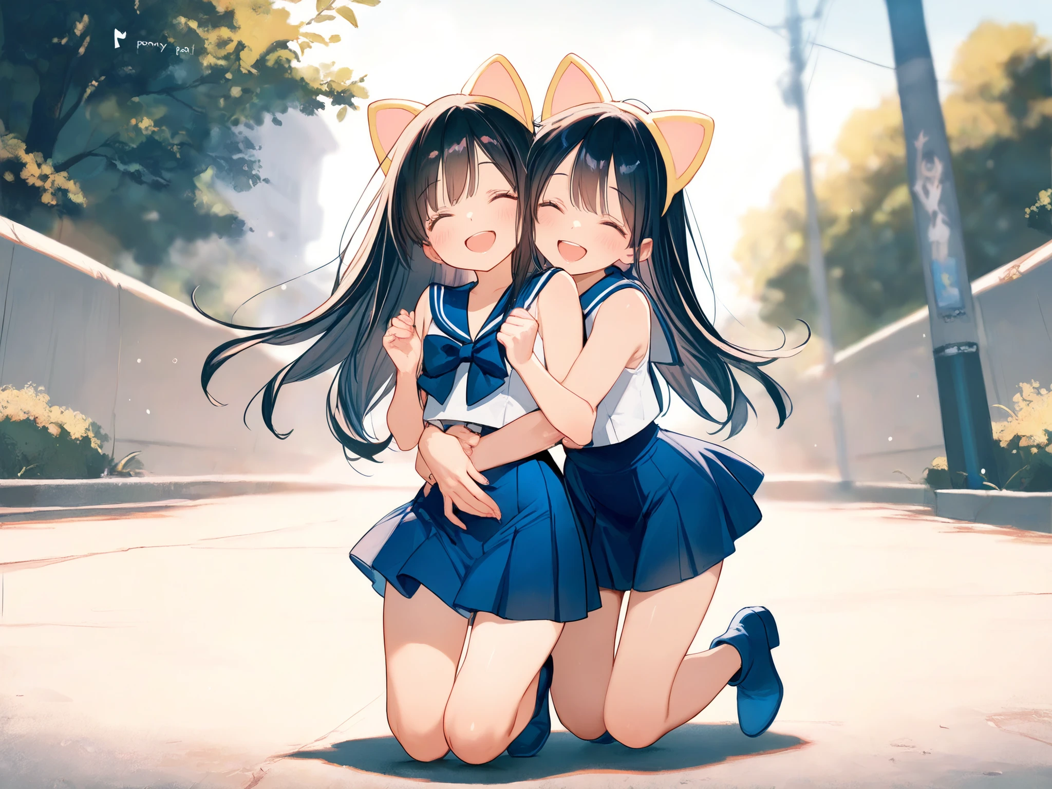 masterpiece, Best Quality, very aesthetic, 2girls, happy, Outdoors, Cuddle From Behind, Sailor Suit, Skirt, Jumping、((((masterpiece)))), high quality, very_high_resolution, large_filesize, full color,full body,Japanese、black hair, long hair, ponytai、