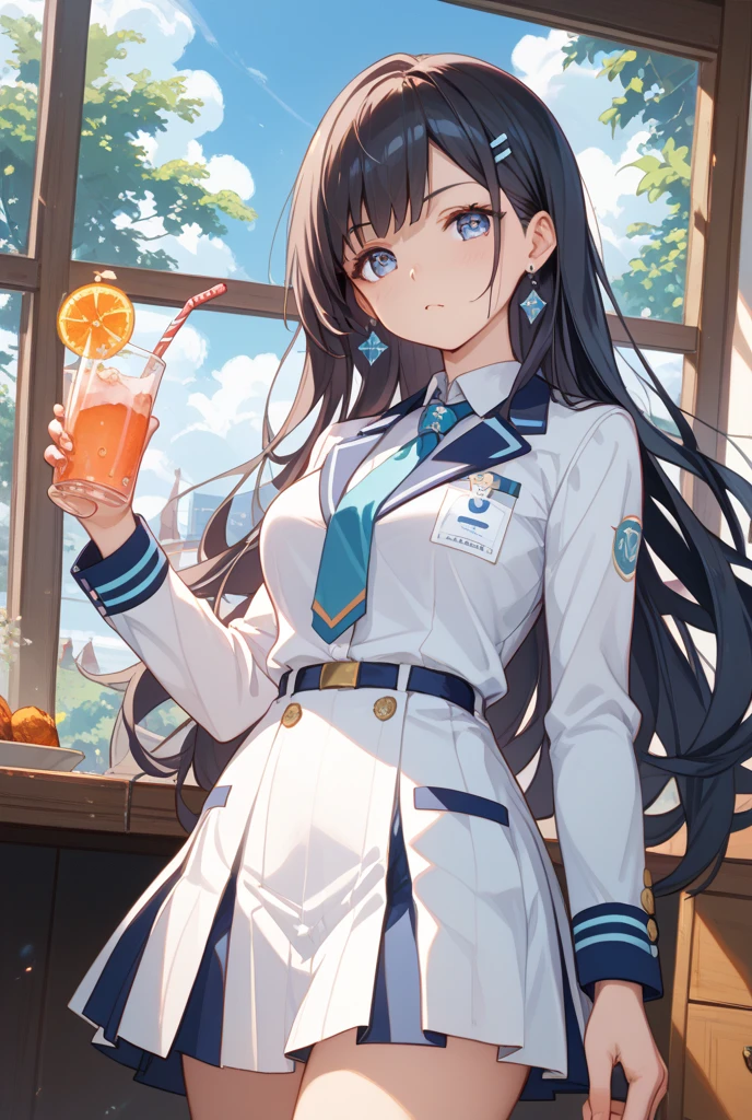 A woman with white skin, black hair, brown eyes using a nurse uniform and an glass next to an beautiful beach