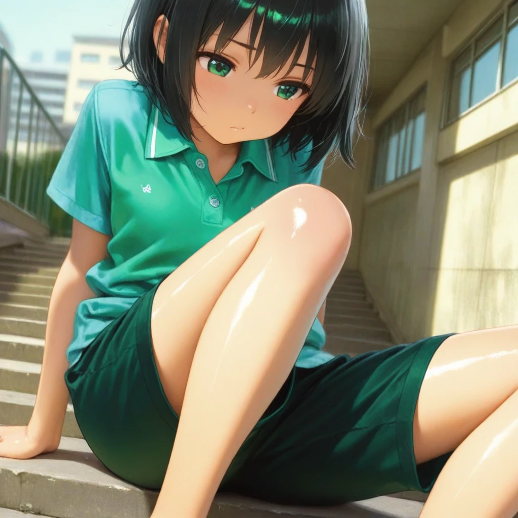 (Highest quality, masterpiece, Ultra-high resolution, (Photorealistic:1.4), RAW Photos),One girl,chool uniform,(wet:1.1), short sleeve, water drops,skirt lift,show off white panties,pull panties,??????????(Very short black hair, Amazingly cute face, Very beautiful big black eyes)), Very lean body, Very flat and beautiful Massive Breasts and a beautiful ass, An innocent smile,Showcasing cleavage, legs, stretch legs, hip, from behind, (Showcasing cleavage,squatting), View Viewer, Detailed face, Fine grain, Detailed Hair, Detailed body, Thigh details, Detailed Swimsuit