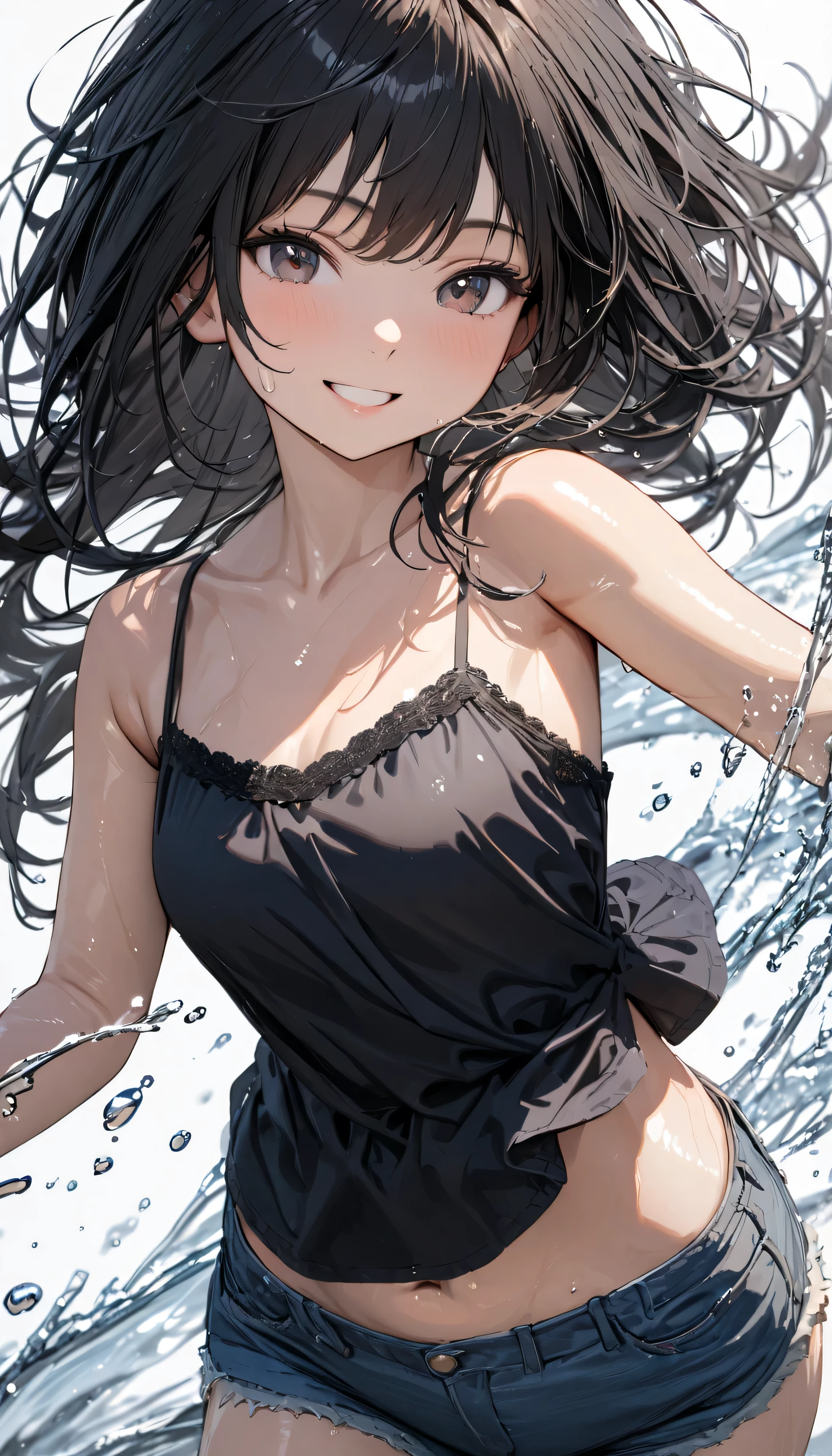 (high quality),(details),(nsfw),
(a girl),(arms up),(black long wet hair),
((soaking),(sweaty),(good posture),
((blushing)),((shy)),(big boobs),(giggling)