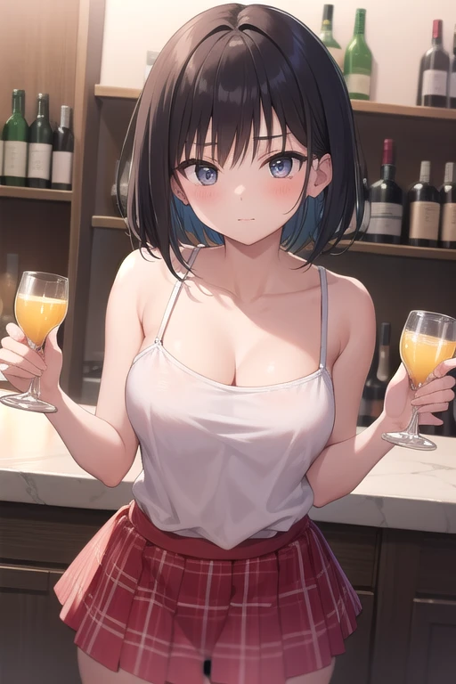 ,
1girl, black hair, brown eyes, short hair, har band, hair ribbon, yellow cardigan, cleavage, white dress skirt, open skirt, white panties, perfect anatomy, indoors,night, restaurant, leaning in table, foods, wine , drinking wine glass, pov,