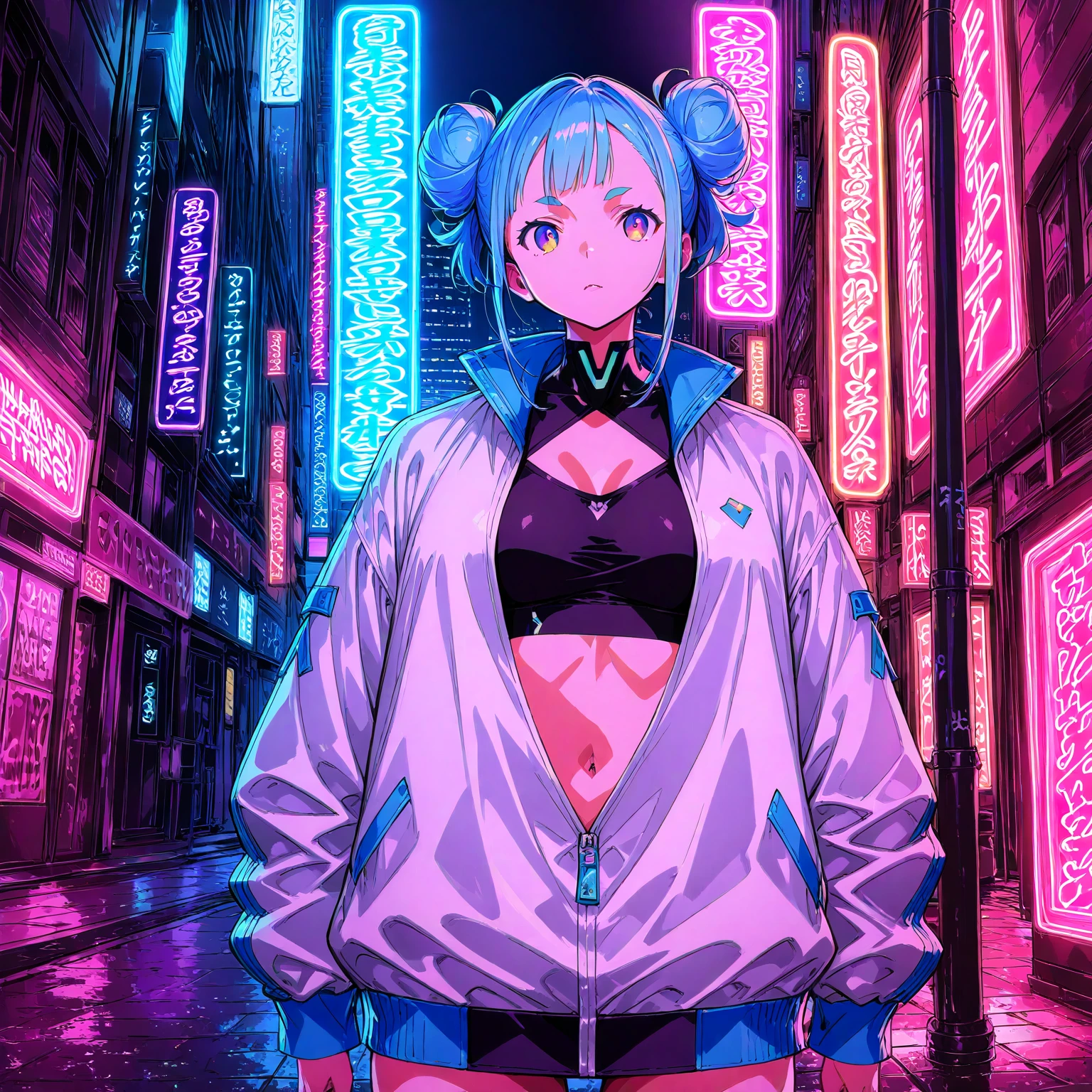 4k,CG Digital rendering,wallpaper,illustration,absurdres,Ultra HD,incredibly absurdres,masterpiece,amazing,finely detail,original,beautiful-detailed eyes,tyndall effect,dynamic angle,cyberpunk city,night,
(1girl:1.5),(solo),((streetwear)),toon,medium breasts,nsfw,shorts,((Sexual suggestion)),(standing),leaning forward,earrings,cat_ears,ribbon choker,(cleavage),((colorful streaked hair)),((( gradient hair))),
neon light,, ((painting, canvas, fine art)), detailedHDR, portrait, 50mm, F/2.8, 1m away,
