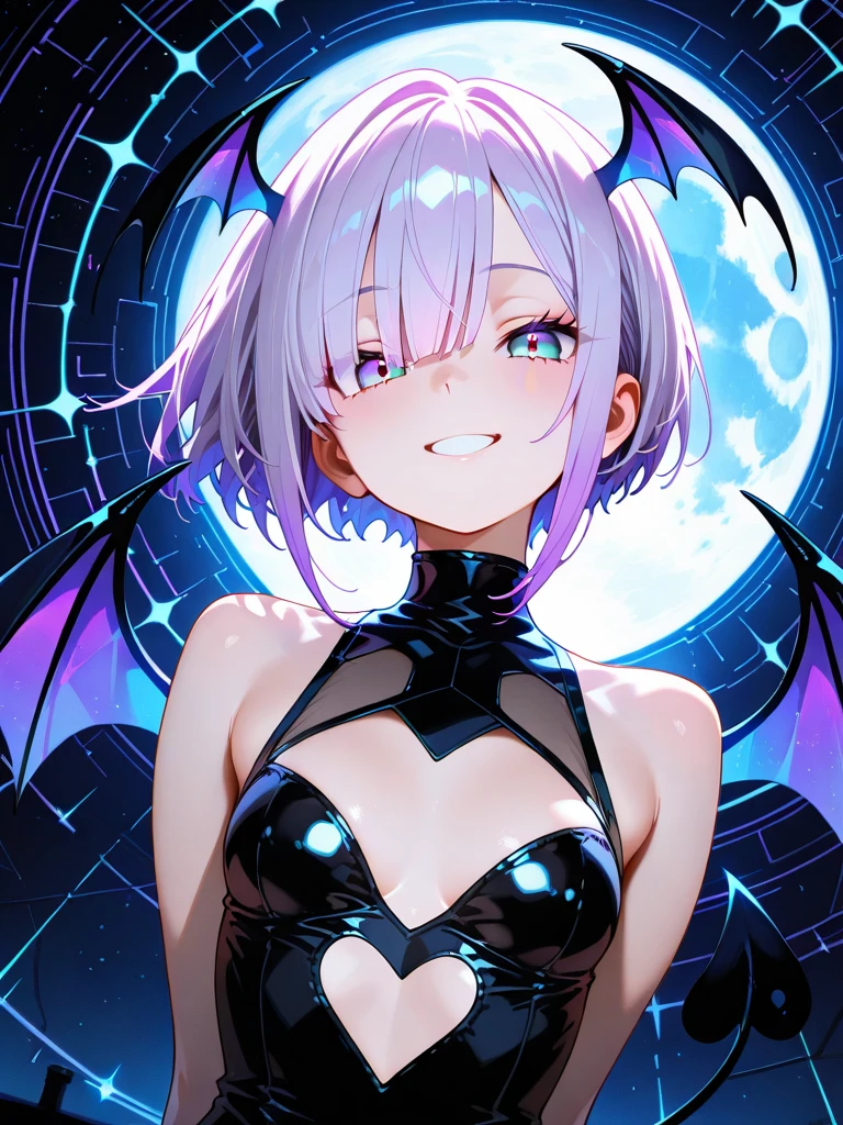 ((best quality)), ((masterpiece)), (detailed), perfect face ((best quality)), ((masterpiece)), (detailed), perfect face, 1 man, outer space background, light particle, solo, blonde hair with purple tips, two block hair cut, heterochromia eyes, right eye purple, left eye blue, standing, Elegant, majestic black dragon wings, majestic black dragon horns, majestic black dragon tail