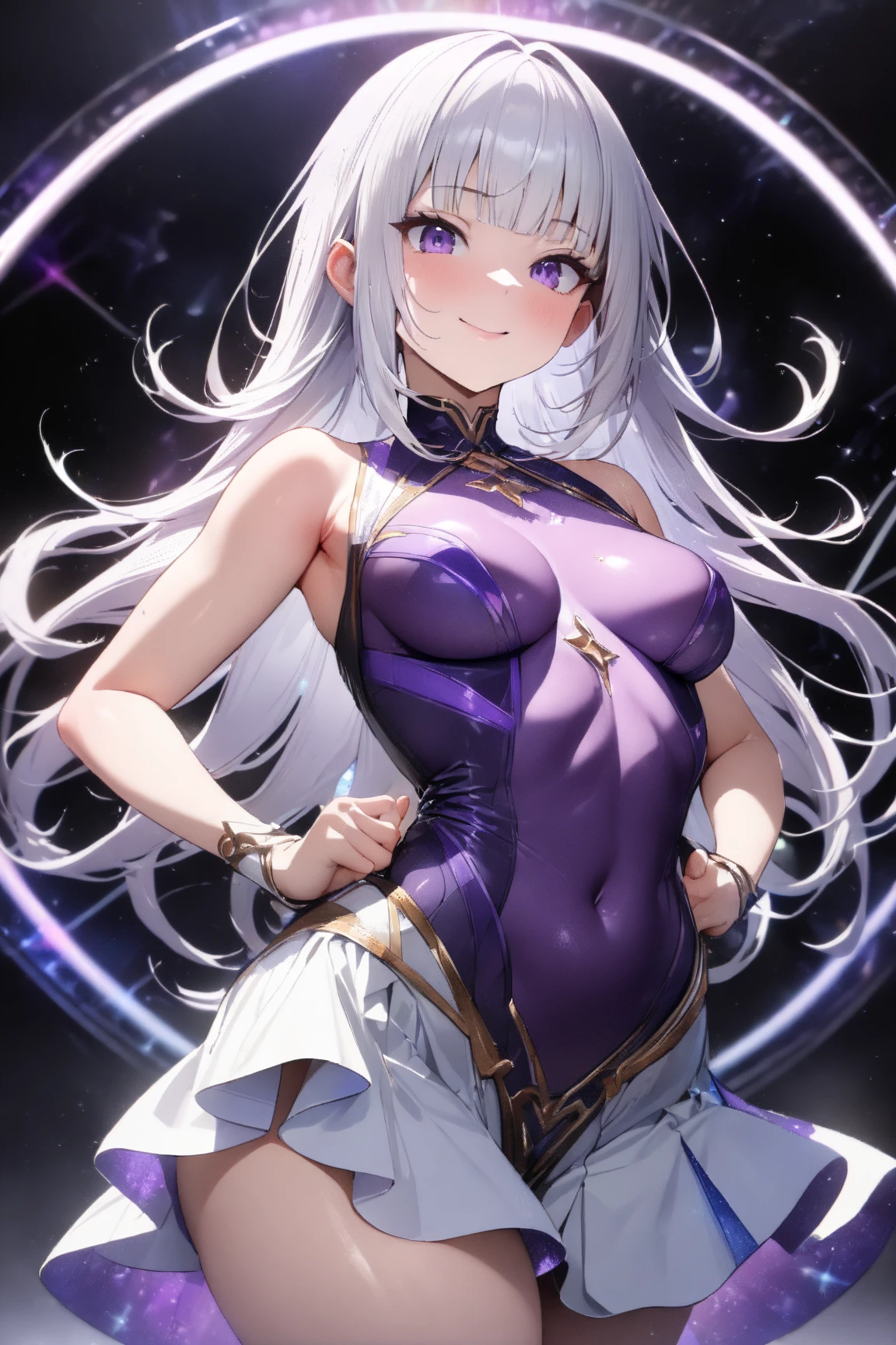 masterpiece、highest quality、Ultra-high resolution、Maximum resolution、Very detailed、Professional Lighting、anime、Adult women、thin、so beautiful、Screaming face、Brave face、Open your mouth、White and purple enamel high leg leotard、Purple pattern、((Cyber Armor))、Leg Armor、Shiny Armor、White decoration、Cyber Headgear、Shoulders show skin、Blue Earrings、Silver Hair、long hair、Purple Eyeedium breast、Pink Lips、White cloak、Angel Wings、Dynamic Pose、A moving picture、Long skirt with an open front、Raise your hands and cross them、Light radiates from hands、Legs do not bend