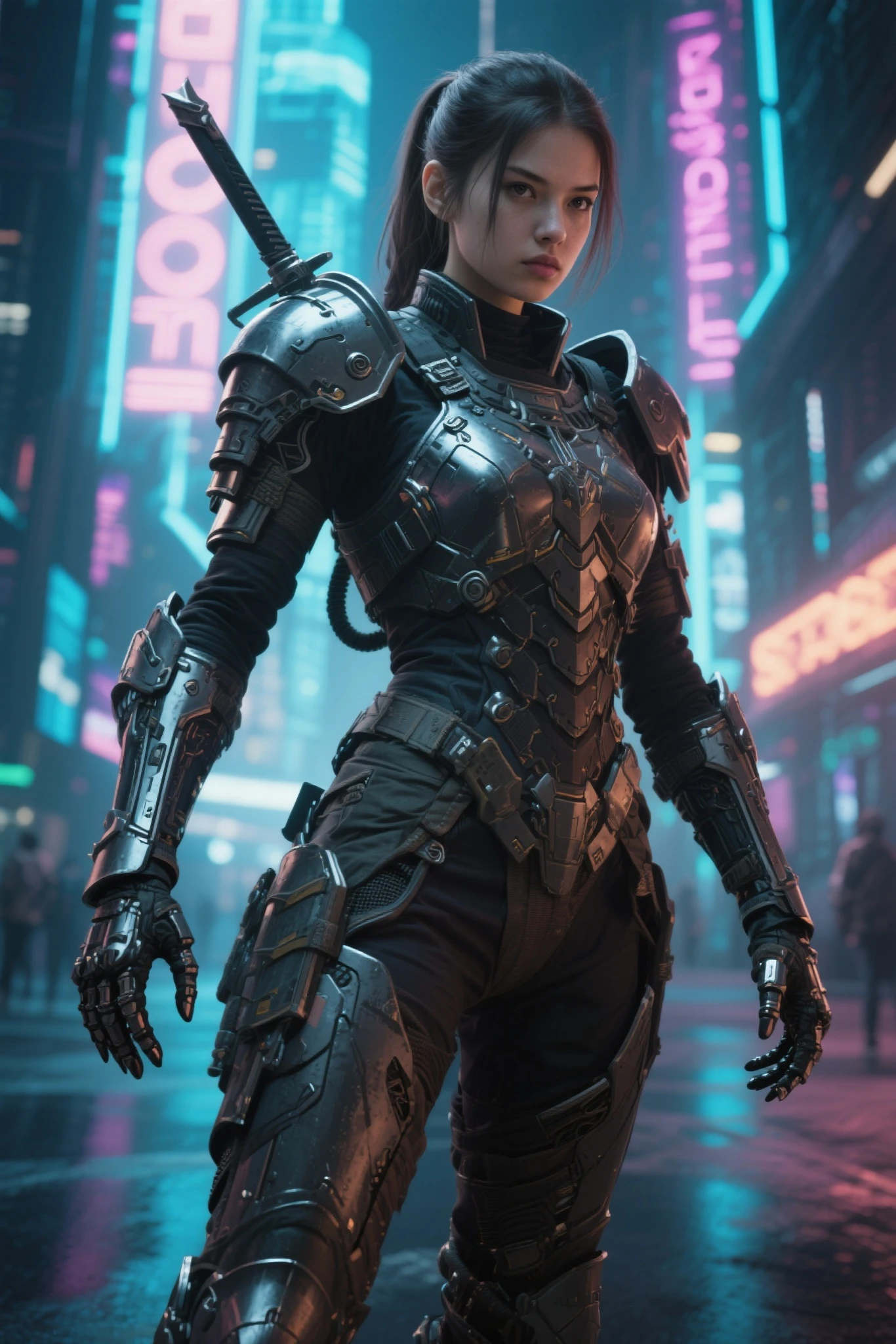 a malay teenage girl in hijab and mecha suit holding samurai sword in fighting pose in front of crowded bustling kuala lumpur malaysia city streets, serious face, nighttime, 35mm lens, establishing shot, pastel color grading, depth of field cinematography effect, film noir genre, 8k resolution, high quality, ultra detail
