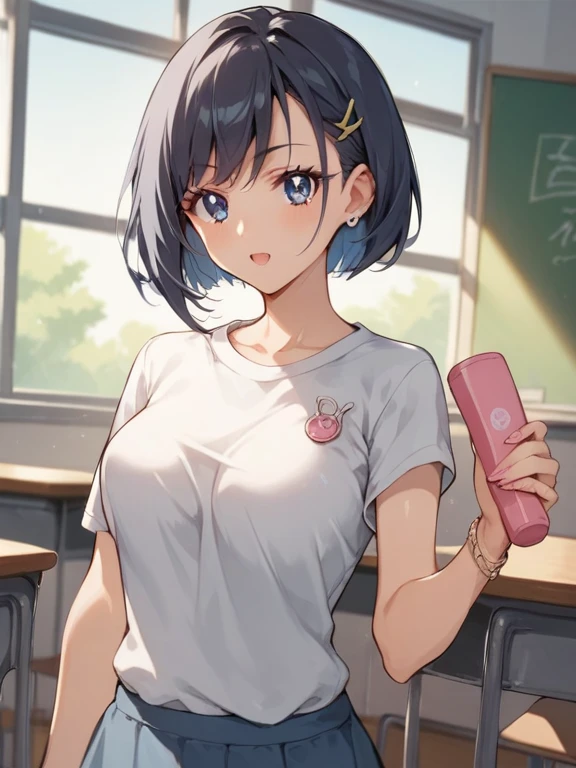 1girl, Senju Muramasa, eromanga sensei, (goblin slayer!), (throw_hand, pink vibrator remote switch in throw_hand, throw:1.2), Highest quality, Super detailed, masterpiece, Ultra-high resolution, 8K, Ridiculous, Cowboy Shooting, Blurred, Focus on the girl, Embarrassing, blush, Lovely, Open your mouth, What saliva leaves behind, Wet skirt hem, (Sticky panties:1.1), Bulging of the vibrator cord, Vibrator with Garters, (cleavage), Classroom Background, The skirt is accidentally exposed,(large breasts), (crop top navel), (waist line), Accidentally exposed panties