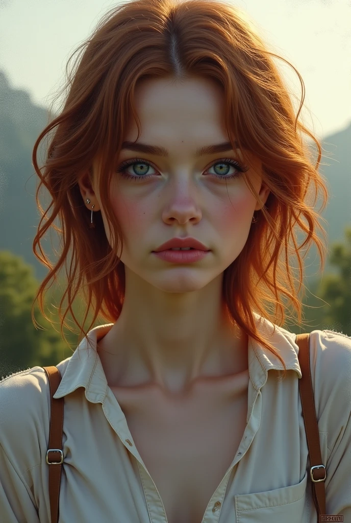 closeup portrait of a redhead woman short hair  in a bright windy field, (backlighting), realistic, masterpiece, highest quality, ((corset)), ((embarrassed)),  puddle, lens flare, shade, bloom, by Jeremy Lipking, by Antonio J. Manzanedo, by (Alphonse Mucha), digital painting,  white dress:1.5, natural breast