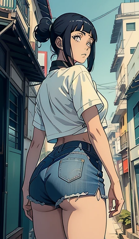 anime screencap, city, 1girl, solo, short hair, black hair, purple eyes, looking at the viewer, hair between eyes, lustful, closed mouth, ass, wide hips, short top, short shorts, unbuttoned shorts, legs apart, erotica, back