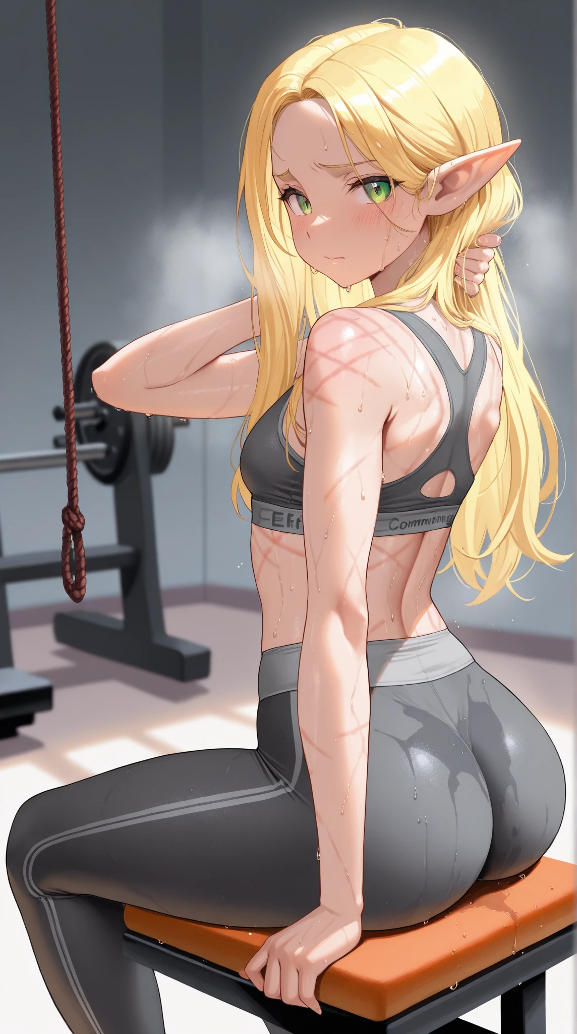 masterpiece, best quality, 1girl, solo, 1girl, (lambda11), blonde hair, red eyes, single braid, braid, medium breasts, yoga pants, sports bra, midriff, gym, exercise,