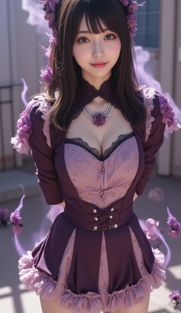 (realistic:1.3), finely detailed, quality, rembrandt lighting, (masterpiece:1.2), (photorealistic:1.2), (best quality), (detailed skin:1.3), (intricate details), dramatic, ray tracing, 1girl, japanese girl, 2, detailed skin texture, (blush:0.5), (goosebumps:0.5), subsurface scattering, smiling, medium breasts, long curls, bangs, hair between eyes, hair ornaments, ((purple) fairy dress:1.1), halterneck, turtleneck, lace embroidery, bare shoulders, strapless, dynamic pose,  (outdoors, garden, nature, flowers), 