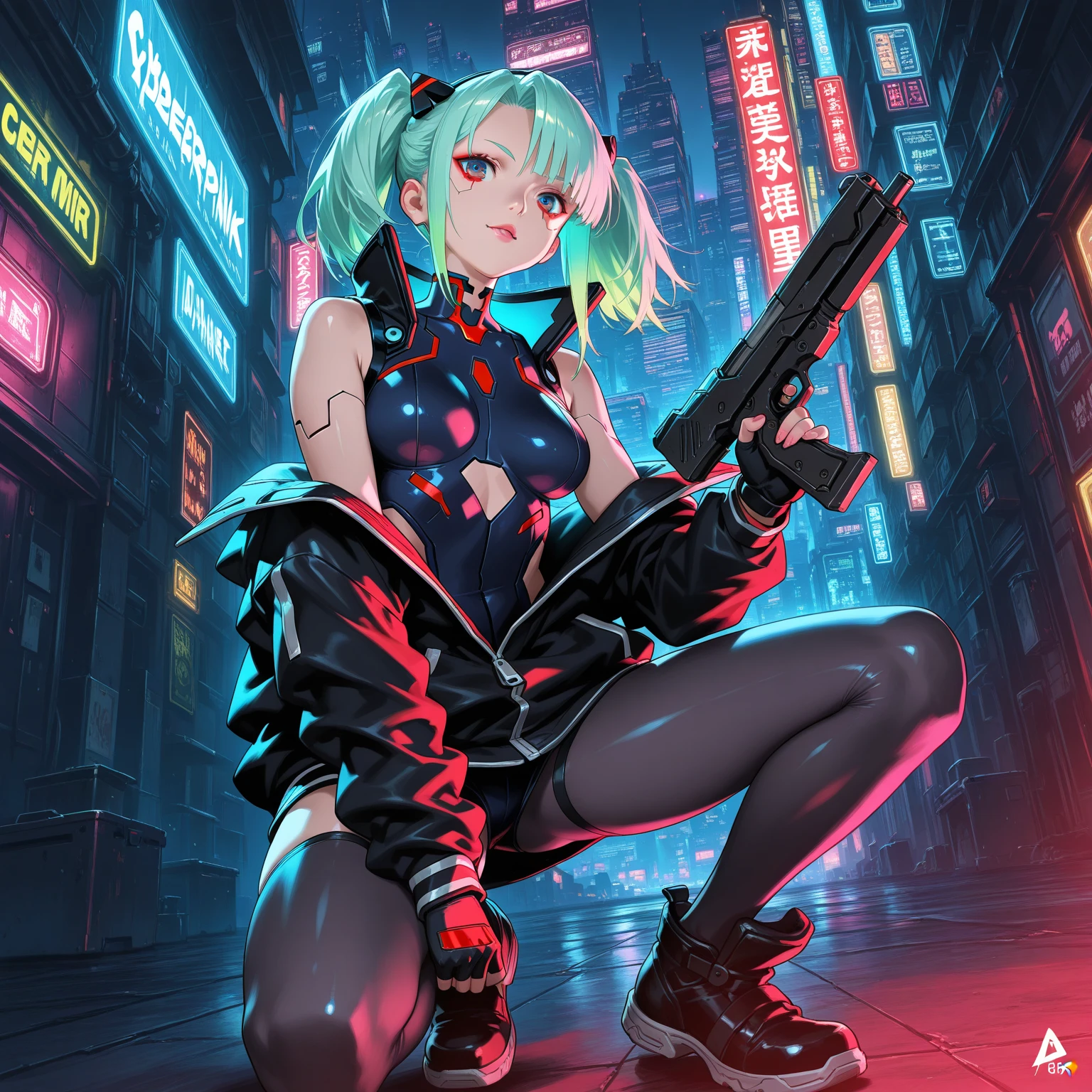 (best quality, masterpiece), 1girl, holo jacket, cyberpunk, neon, fog, (cartoon: 1.5), sexy, thong, big chest, tight, small, small, neon signs, ramen shop, fishnet very low, transparent, very long hair, sword, katana