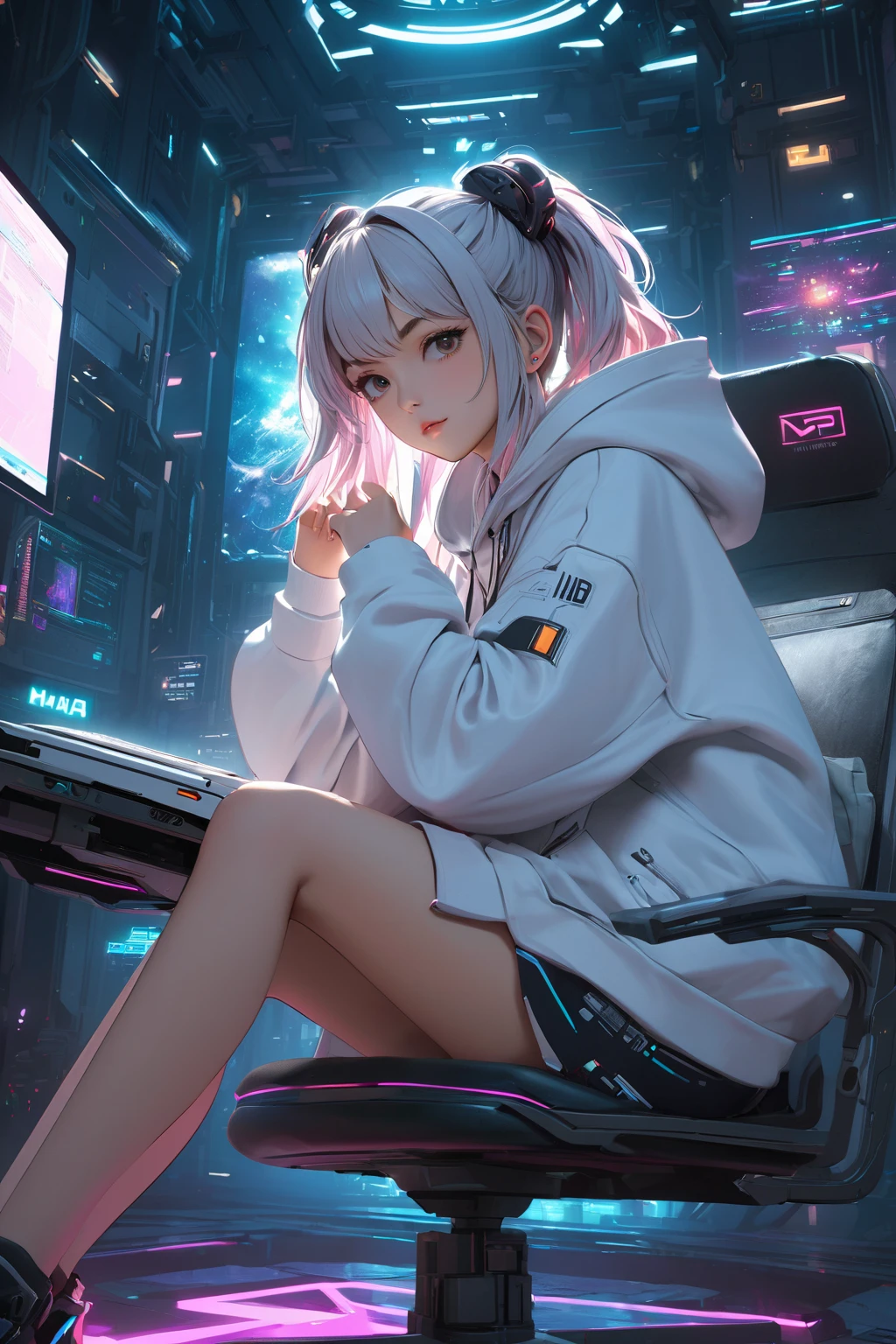 ((best quality)), ((masterpiece)), ((ultra-detailed)), (illustration), (detailed light), (an extremely delicate and beautiful),
(((solo))),
(a beautiful cute girl),
((headphone)),(hoodie),
((cyberpunk room)),indoors,(computer,screens),data stream,window,
((sitting on Gaming chair)),
(beautiful eyes),white hair,(White underwear),(Two hands:1.5)