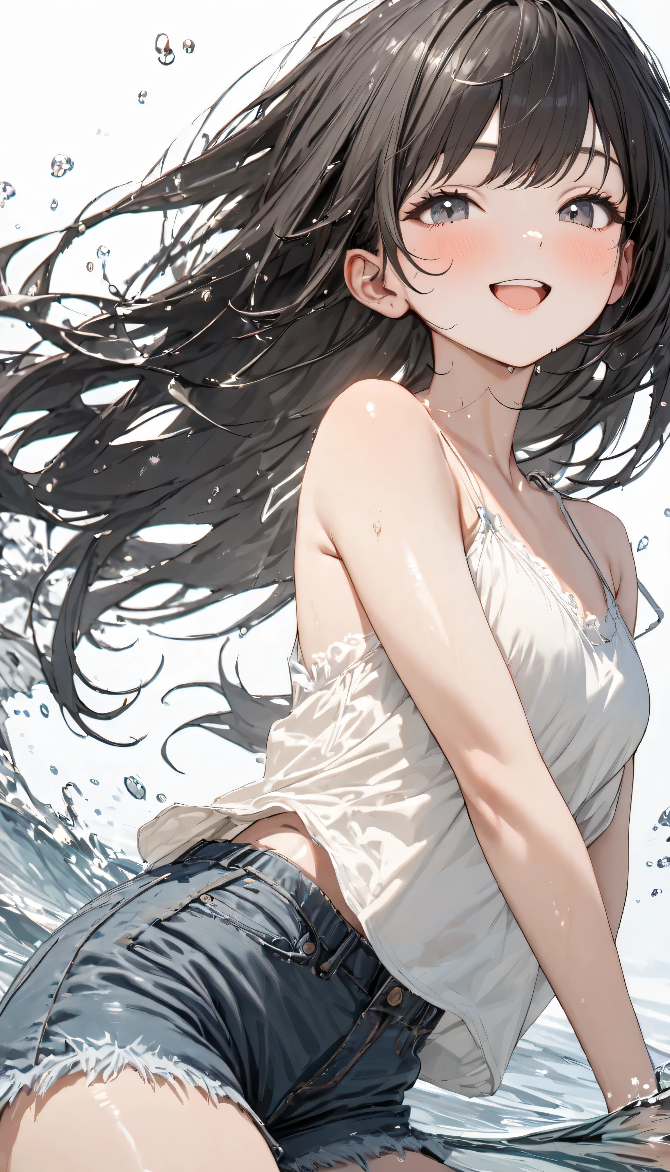masterpiece, best quality, ultra-detailed, 8k, high resolution, Bold Composition, white background, (floating water), splash, delicate and dynamic, 1 girl, Smiling, textured skin, Shiny Black Hair, younger, Short Height, Camisole, Denim Shorts