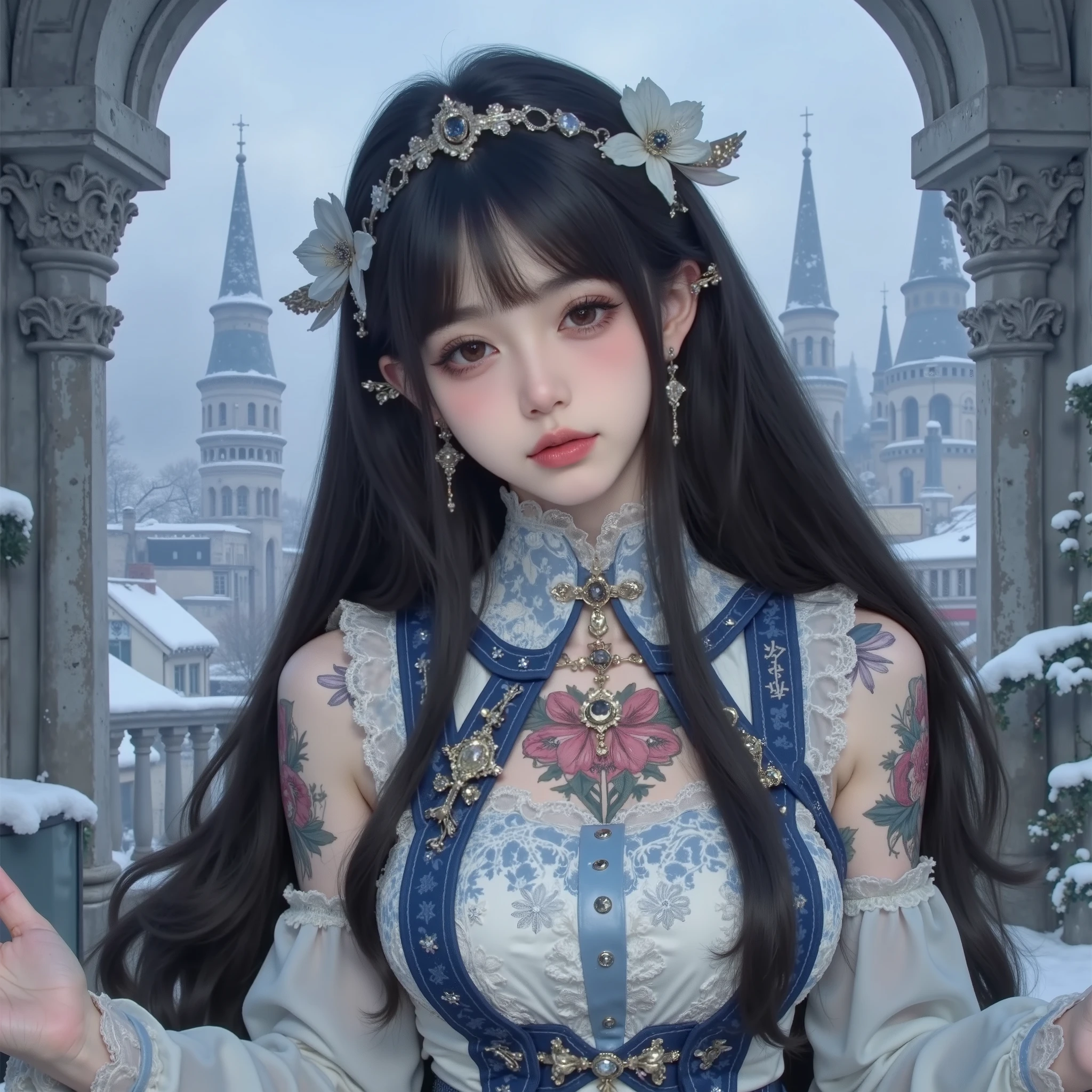 Very detailed, Delicate face, Realistic style, Stock Photography ,  Colorful, Surrealism, Realistic textures, Dramatic Lighting, Distiller 800  (8K, Original photo, Better quality, masterpiece: 1.2), Very detailed, (Extremely delicate skin: 1.2), 8K Ultra HD, SLR camera, Soft Light, high quality， Frozen Queen,Snow Castle，Blue pupils，Wear red lipstick，Gorgeous clothing, Gold Jewelry，Printed lace，Moon Goddess，Lace Print Dress，Intricate tattoo designs，Exquisite and luxurious decoration，Princess in a gorgeous crystal and diamond dress，There are exquisite and gorgeous tattoos on the body，Cleopatra，Gold and Gemstone Jewelry，Breast symmetry，Arms open