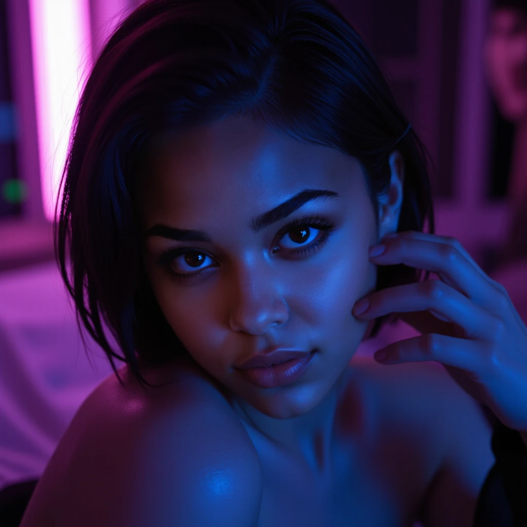 18 year old, surreal latina girl,dark tan skin, baby face, blue eyes, orgasm, mouth open, cleavage, sweating, beautiful, hands on head, arched back, hyper realisitc, very Sexy look, provocation, in laboratory, white dress, night time, magic energy, view from above, neon light