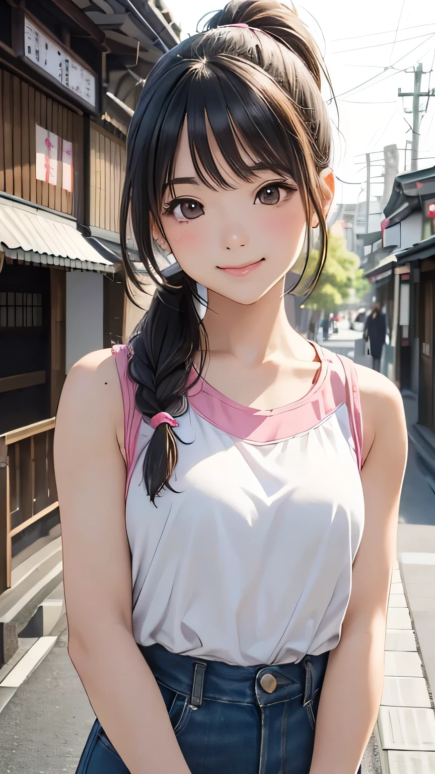young woman、Smile、Cool Hairstyles、Blush、masterpiece、high resolution、16 kg、 fresh colored spring clothes depicting the upper body、(very close:1.troll through the city of Kyoto、(depicts upper body:1.5)、ponytail