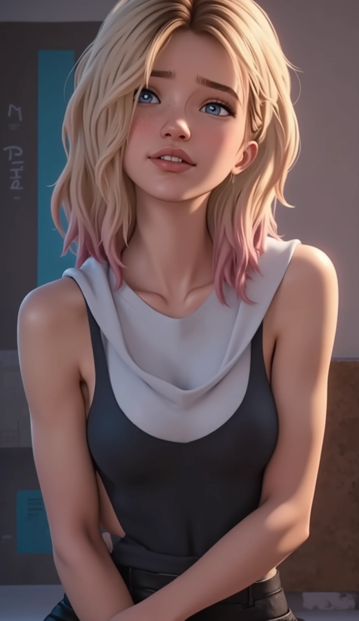 1girl,(best quality,4k,8k,highres,masterpiece:1.2),ultra-detailed,(realistic,photorealistic,photo-realistic:1.37),18 year old girl,beautiful detailed blue eyes,beautiful detailed lips,extremely detailed face and eyes,long eyelashes, sleeveless hoodie, dark jeans, smirk, warm studio lighting,cinematic colors