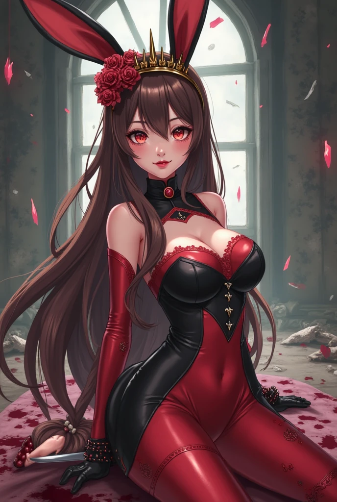 finest image, portrait, female, sexy, beautiful, cute, amorous expression, lewd expression, ecstasy, orgasm, light brown glossy flowing layered iridescent hair, blue sparkling big eyes, double eyelids, red alluring moist lips, flat chest, abs, slender, red long dress, red long gloves, background royal palace, many falling petals, professional lighting