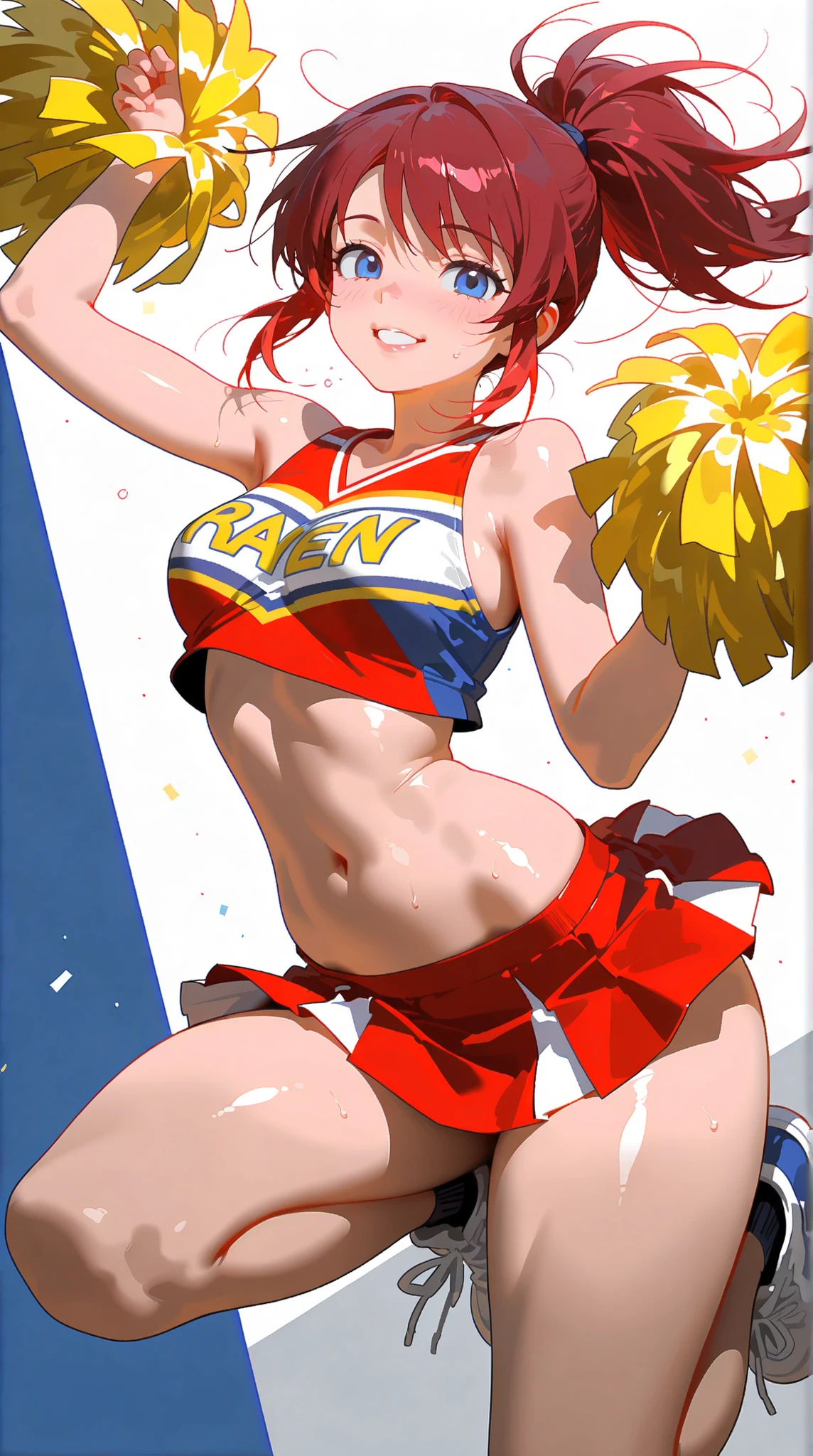 :d, bared shoulders, blue colored eyes, nblurry background, blush, Cheerleader, colored fur, top cut, mitts, crotch, hetero, heterochromia, containment, tummy, Good, hair orange, school bag, Shirt lift, shirt wind lift, shorth hair, sleeveless, standing alone, pretty long hair, twintails, below the chest, skirt raised, white mitts, wind top cut, below the chest, Good, crop top overhang, wardrobe malfunction, microcamisa, undersized shirt, shirt wind lift