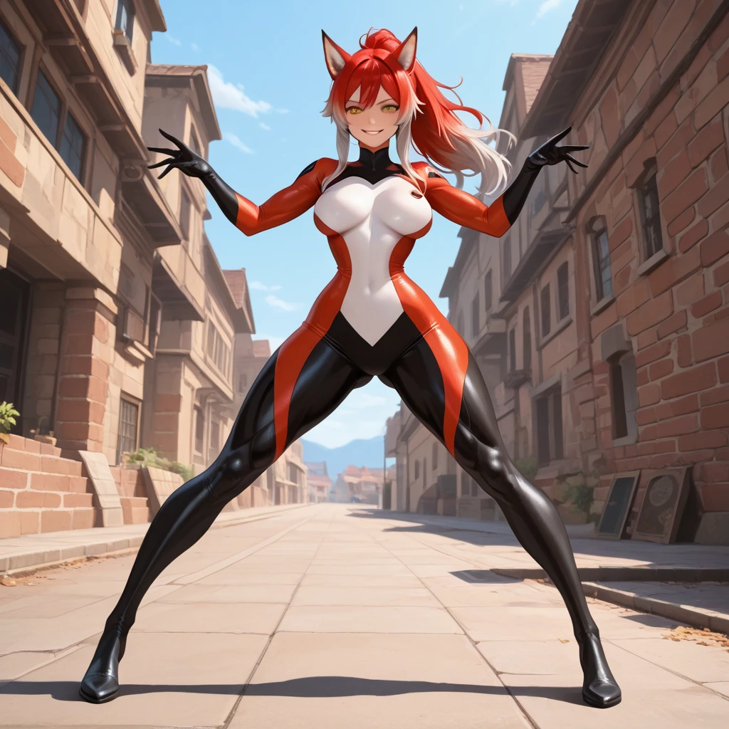 Skye from Paw Patrol, as a white female fox, anthro, mature adult, orange hair with fringe, magenta iris, medium to big breasts, medium to big butt, muscular, tall, slim, red bodysuit, standing, detailed, solo, beautiful, high quality, 4K