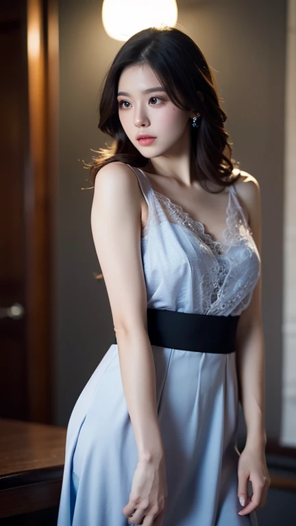 Korean Women、goddes、perfect bodies、The upper part of the body、Ball hair、fine skin texture and cloth texture、Detailed eye texture、detailed eyeball、long eyeslashes、Close up of thin eyelashes、二重まぶた、Light smile、Snow White skin、Photography mode、(Eyes looking out the window:1.4)、8K、Top image quality、​masterpiece、超A high resolution:1.2、Beautiful female photos with elegant style as the theme、Alapei woman in dark blue dress looking out the window、 Photo mode、Chiffon fabric、Quality fabric texture、Slip Dress、fluent dress、Elegant navy blue dress、Elegant lingerie、Upper body view、wearing dresses、(Lateral face)silhuette、elegant dress、wearing dresses、Rear view、tight