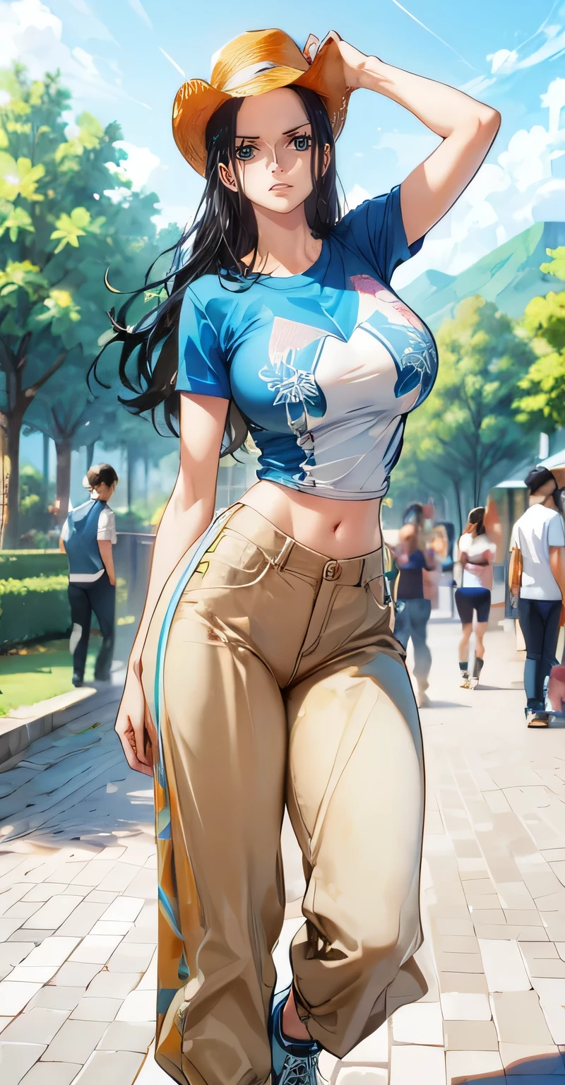 completed_120%,completed_130%,completed_150%,Nico Robin, 1femel, solo, solo focus, t-shirt, pants, hat, sneakers, large breasts, thick thighs, slim west,
smile, outdoors, park, standing, portrait,
(best quality), (ultra detailed:1.2), (masterpiece), (beautiful detailed eyes), (perfect anatomy), (high resolution), ((Very delicate and beautiful fabric)), (beautiful detailed eyes:1.2), Delicate and beautiful skin, (detailed skin), Delicate and beautiful face, detailed face, beautiful skin, beautiful hair, very detailed hair,
,Nico Robin, Robin, onepiece