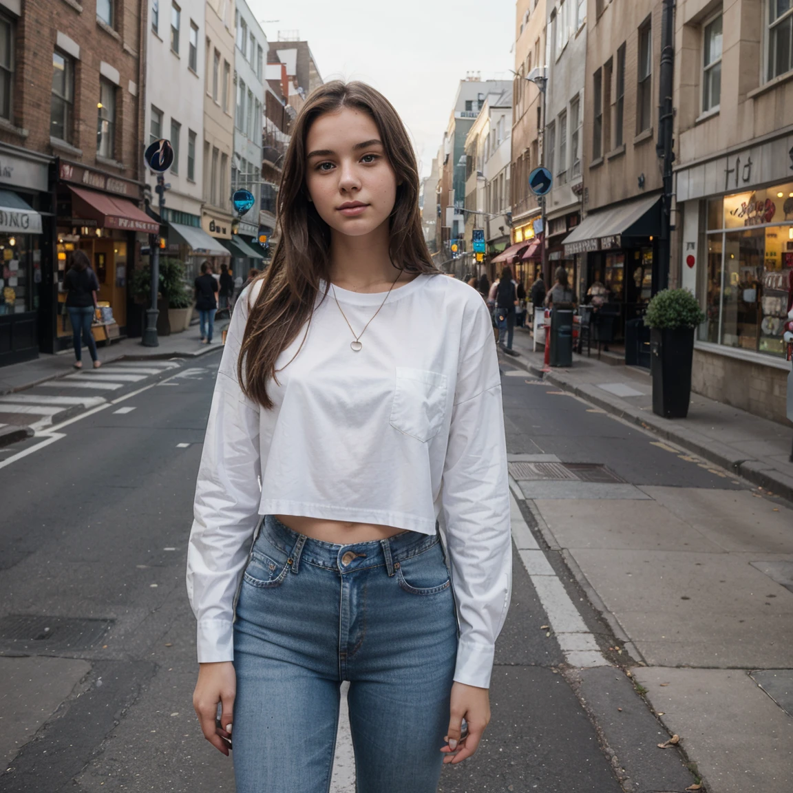 her name is Elektra, high quality, 1girl, ((20-year-old fit Caucasian woman)), ((20 years old)), ((fit)), ((pale skin)), short bob brunette hair, wearing edgy clothes, background: cityscapes